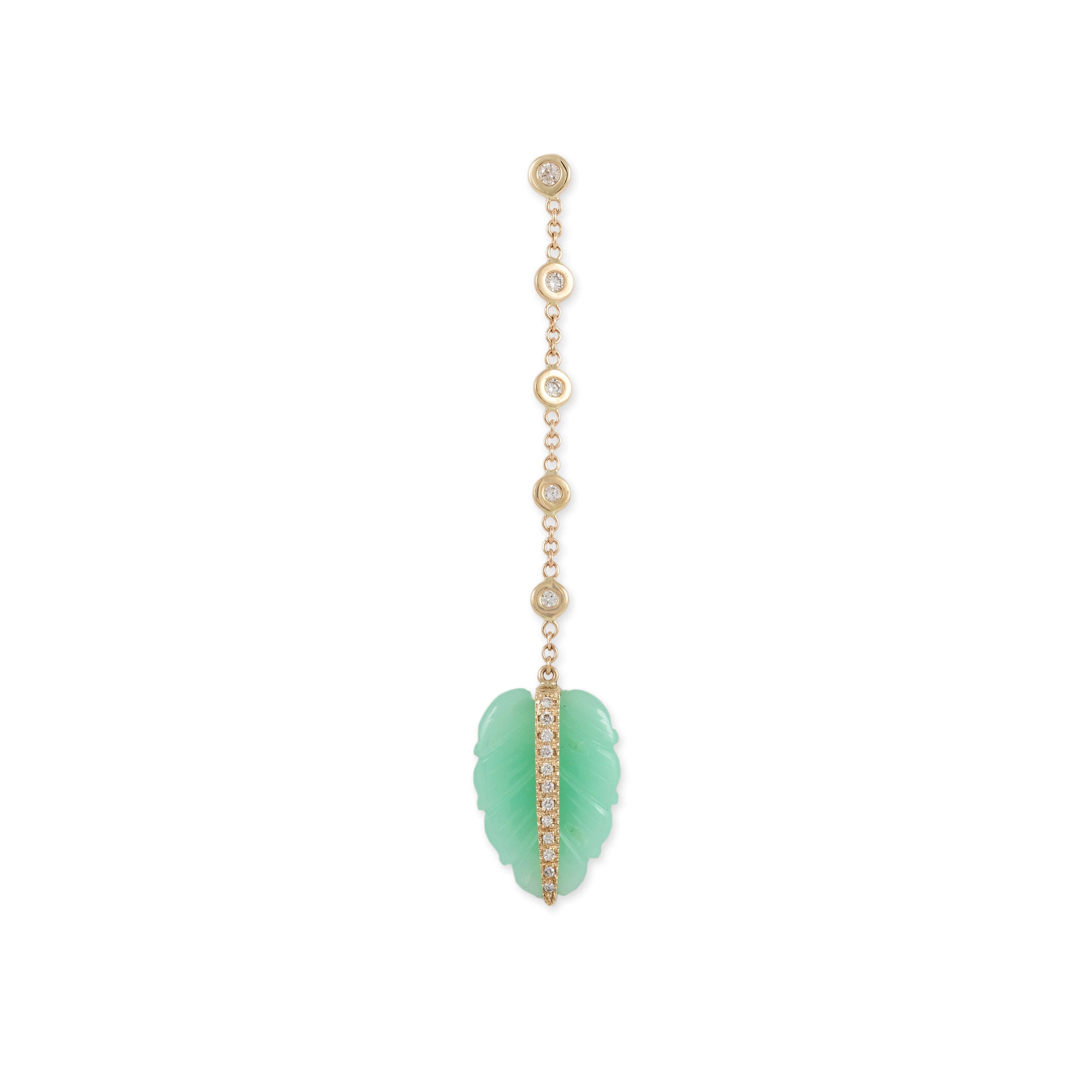 Pave Chrysoprase Leaf 5 Diamond Drop Stud Earring