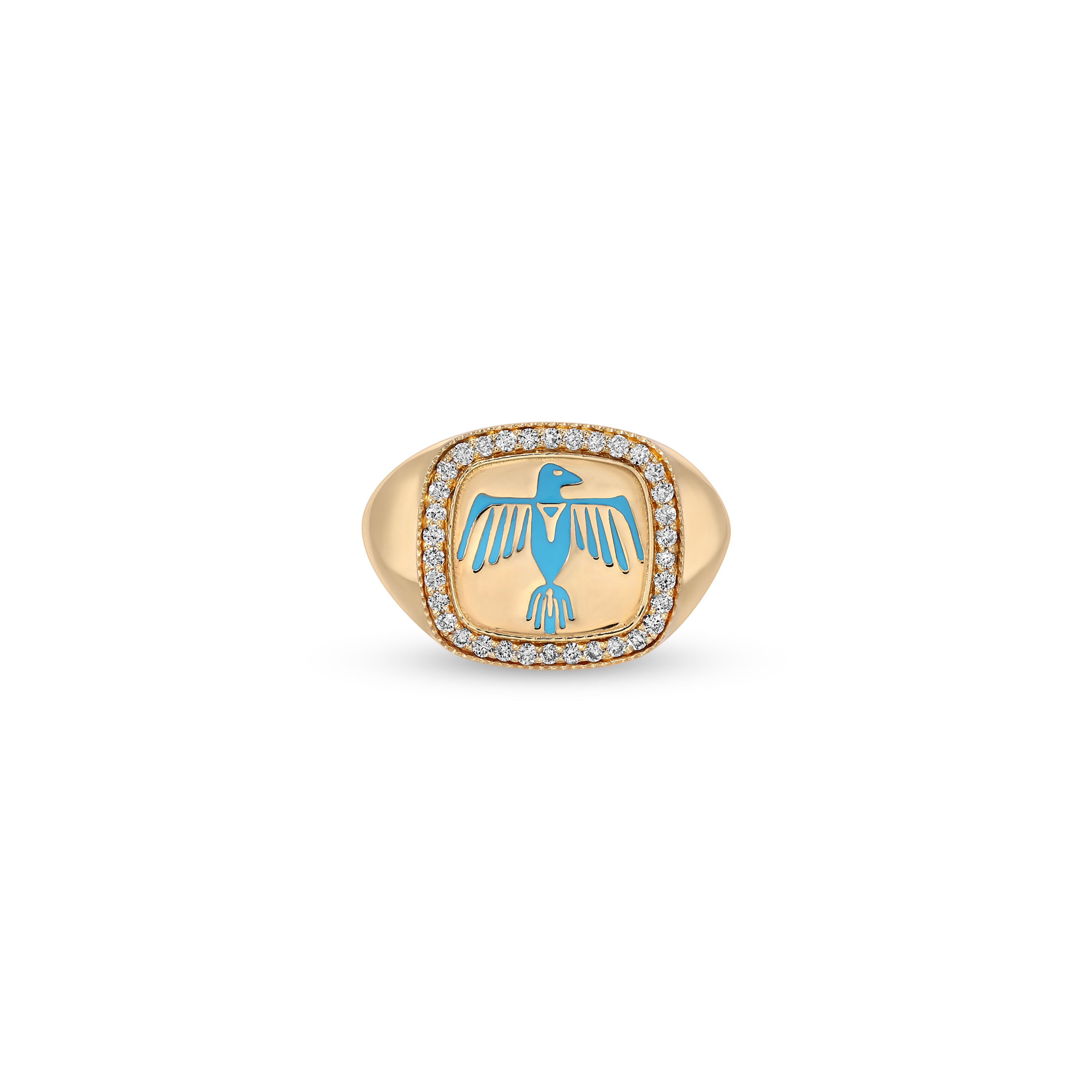 Pave Turquoise Enamel Thunderbird Crest Signet Ring