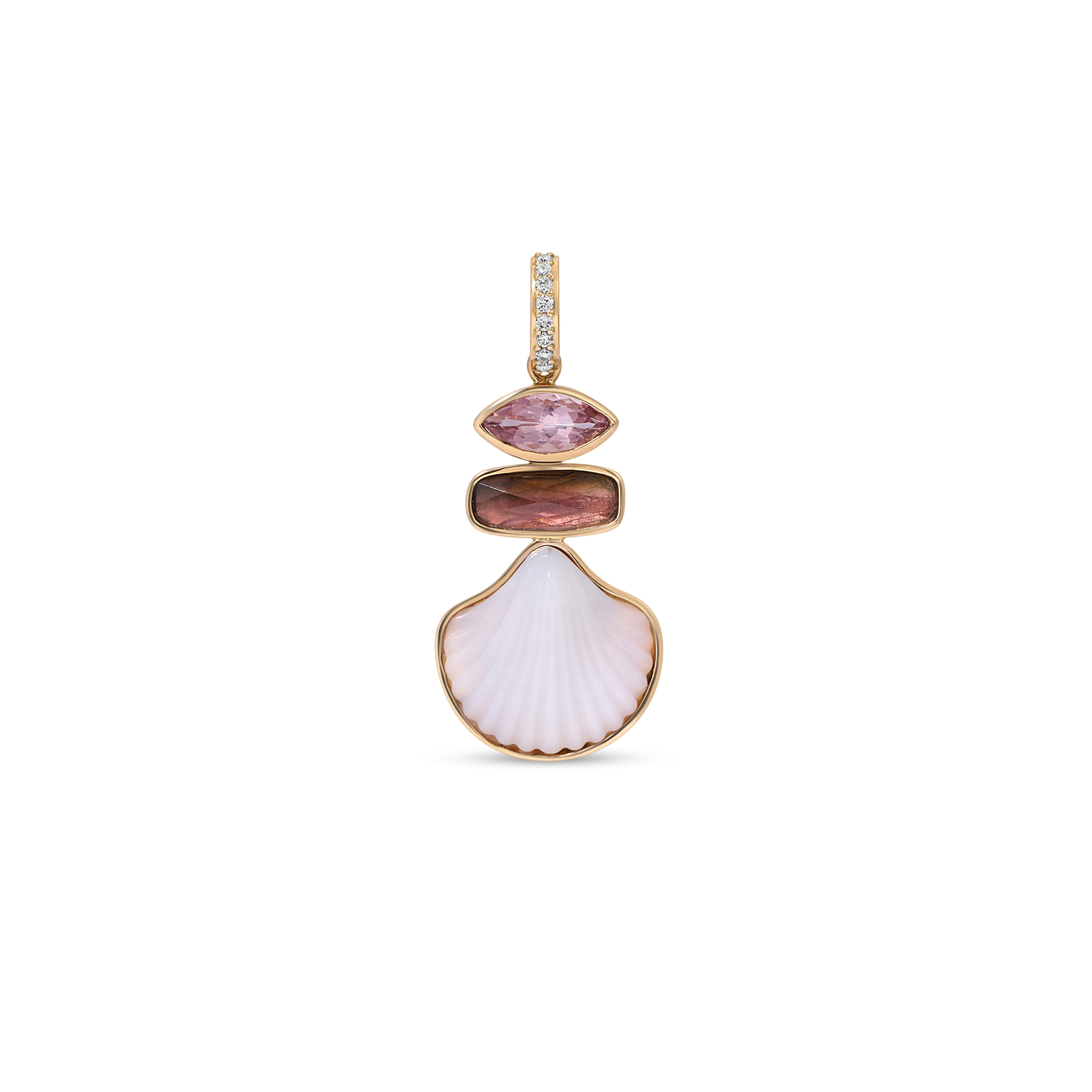 Pave Diamond Pink Tourmaline + Carved Shell Triple Step Charm