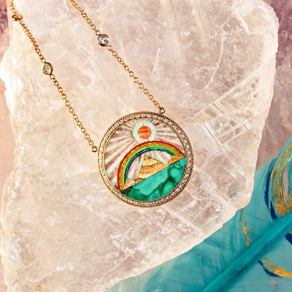 Small Gemstone Rainbow Pyramid Scenic Inlay Necklace