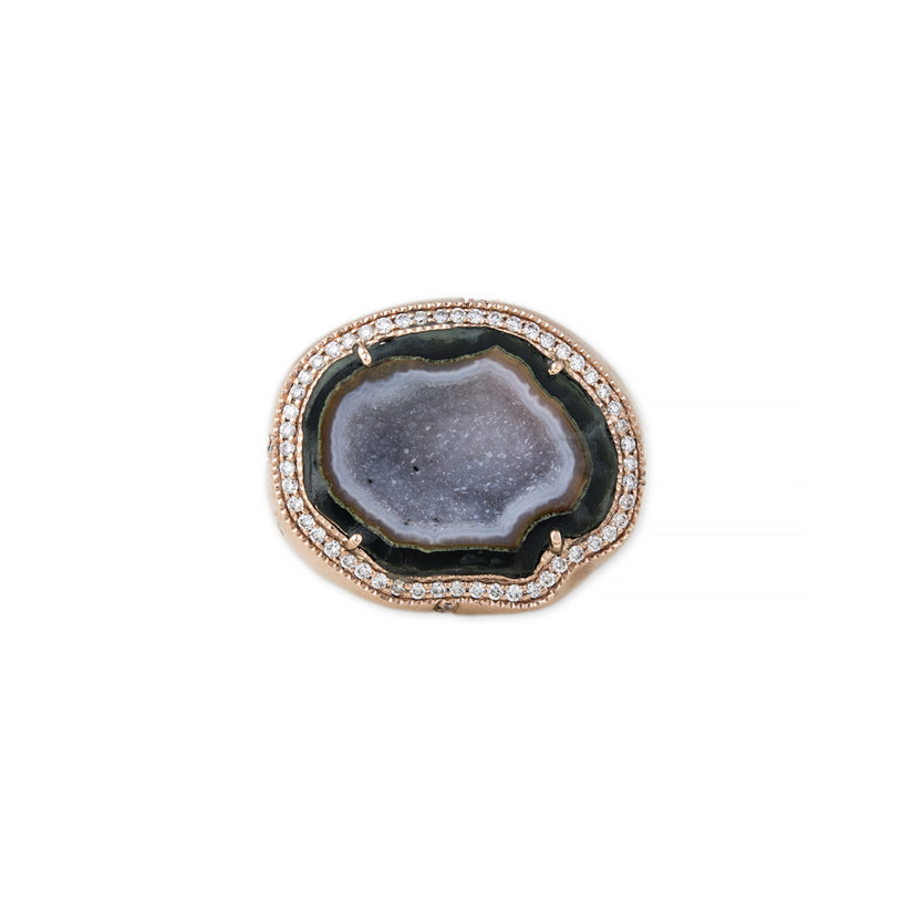 PAVE DIAMOND GREEN & PURPLE GEODE DRUZY SIGNET RING