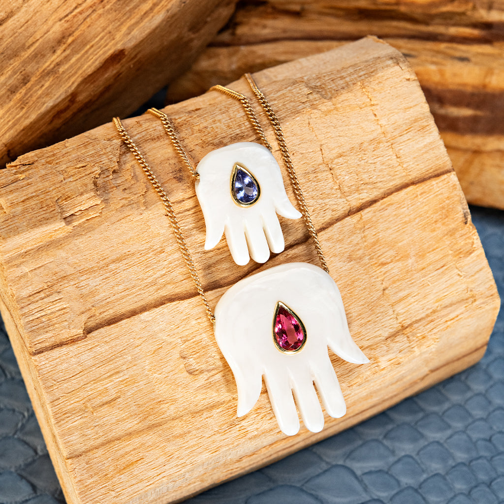 Large Mother of Pearl Hamsa with Pink Tourmaline Necklace