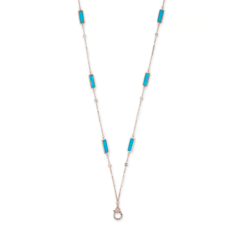 PAVE CHARM CLIP 6 TURQUOISE INLAY DIAMOND SMOOTH BAR NECKLACE