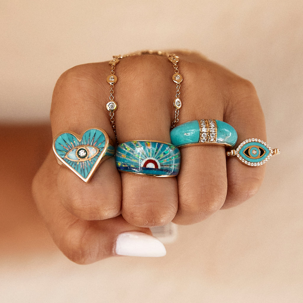 Turquoise Opal Malachite Inlay Eye Burst Heart Ring