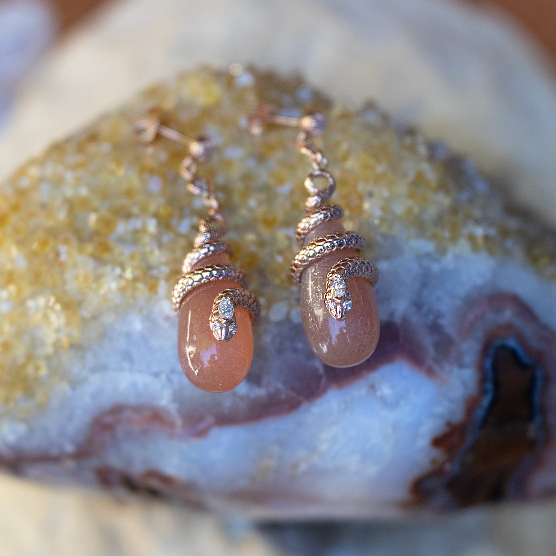 Diamond Snake Wrapped Peach Moonstone Droplet Earrings