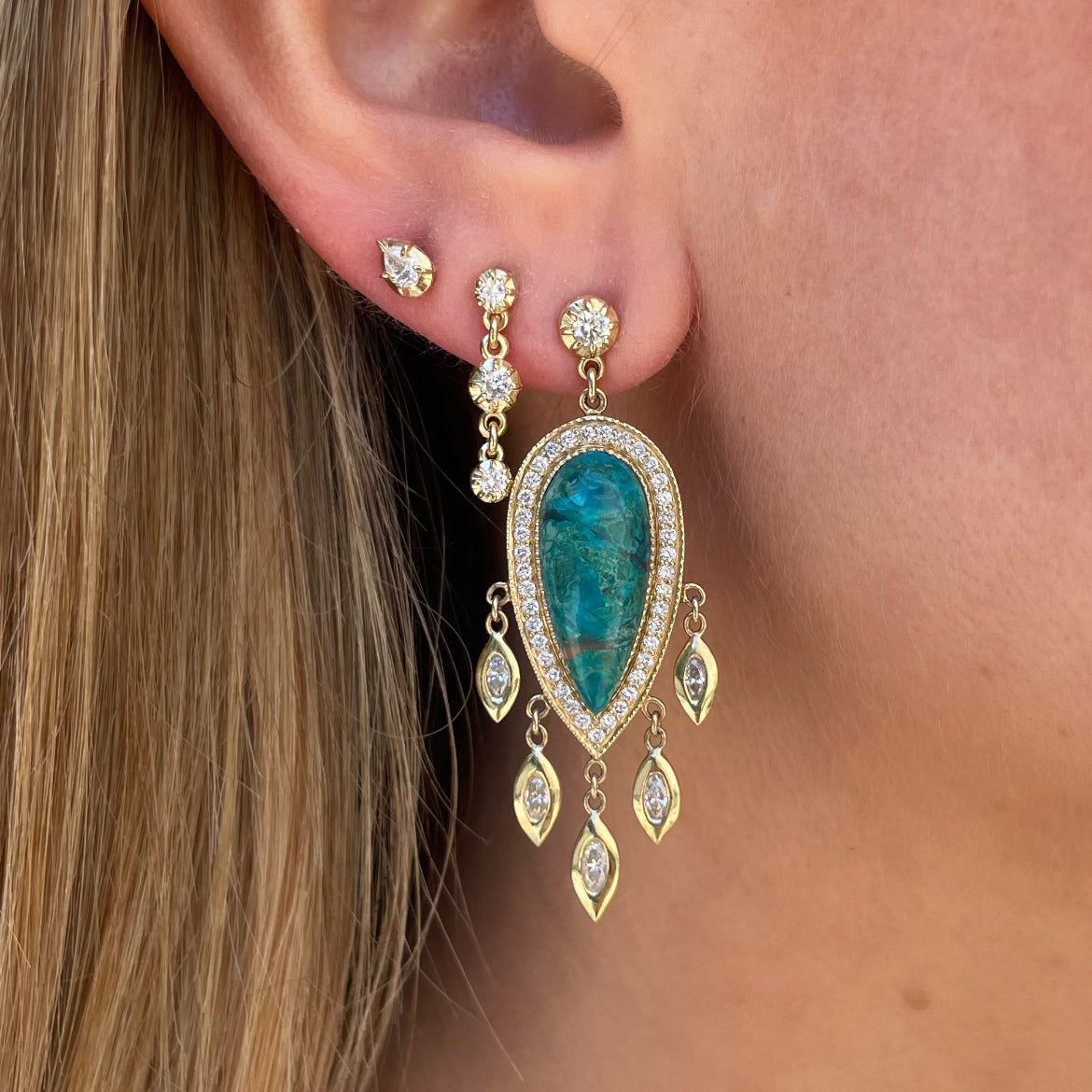 Pave Chrysocolla Teardrop + Marquise Diamond Shakers Drop Earrings