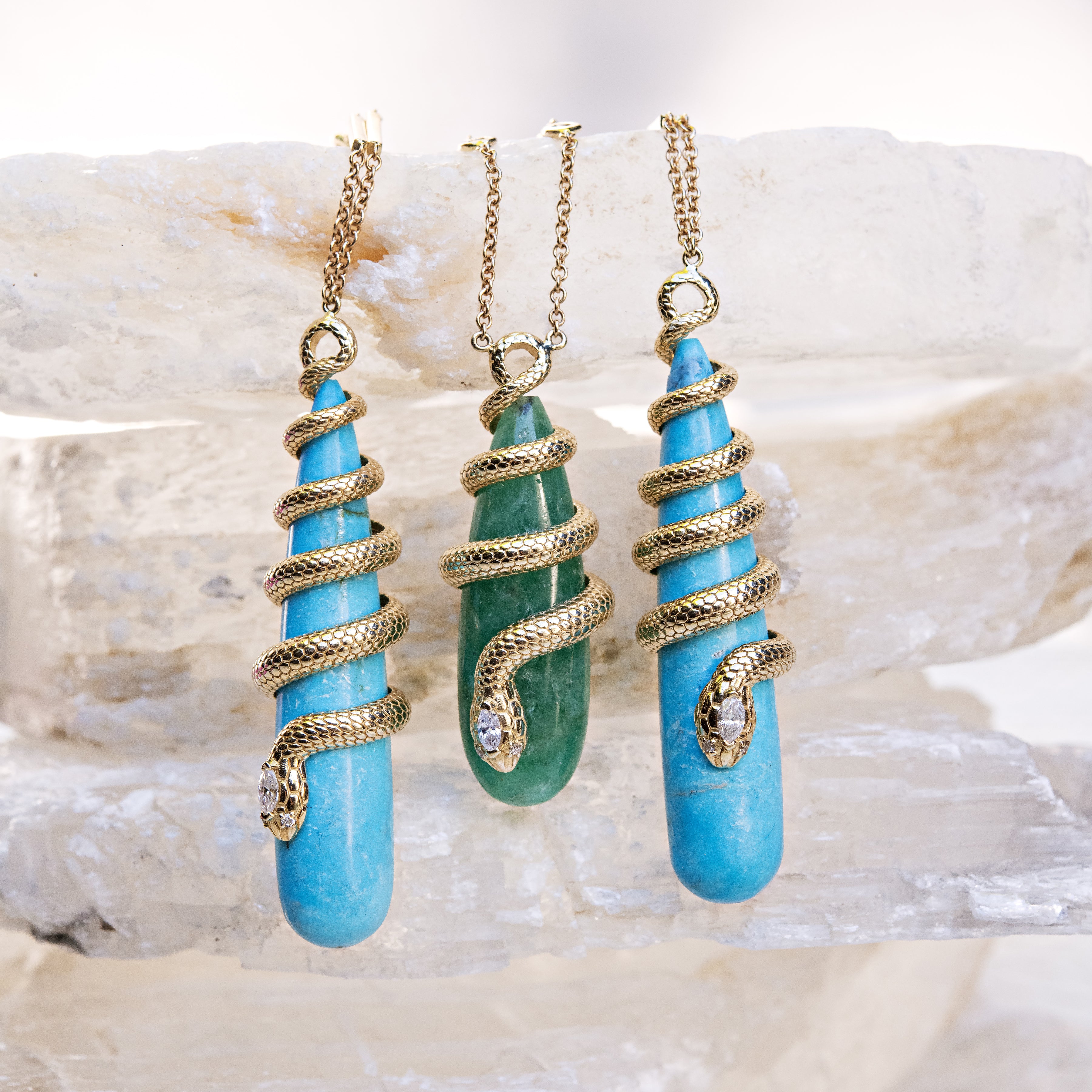 Diamond Snake Wrapped Turquoise Droplet Necklace