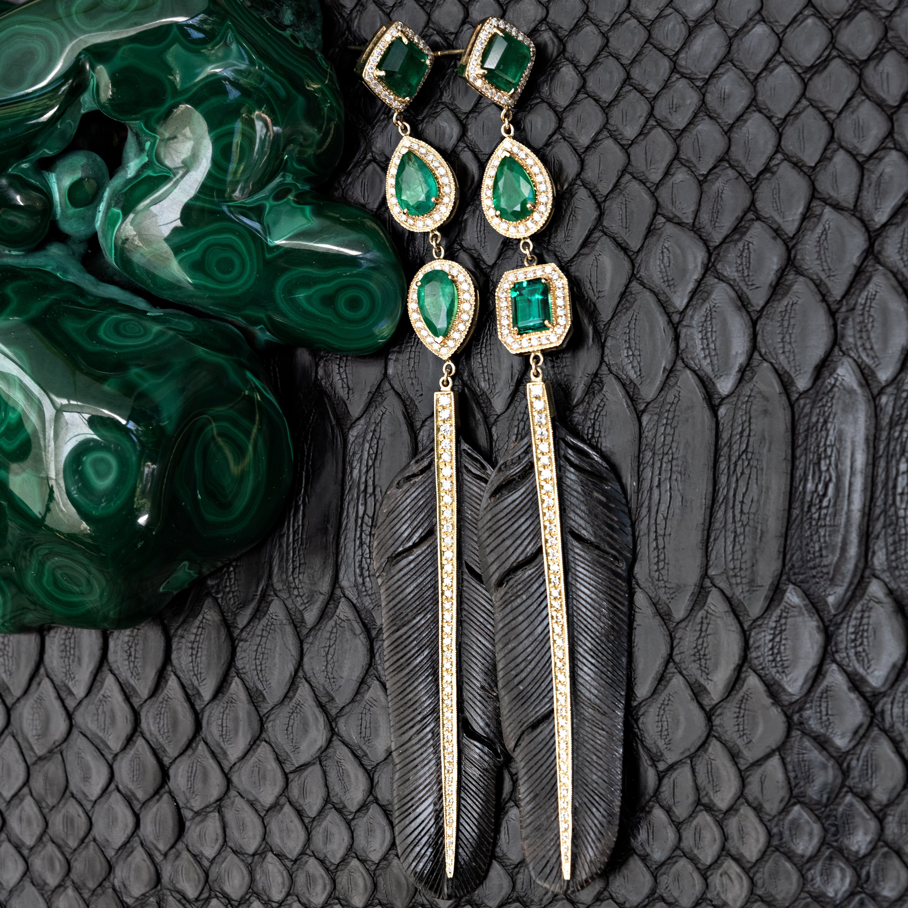 PAVE TRIPLE EMERALD + PAVE BLACK FEATHER EARRINGS