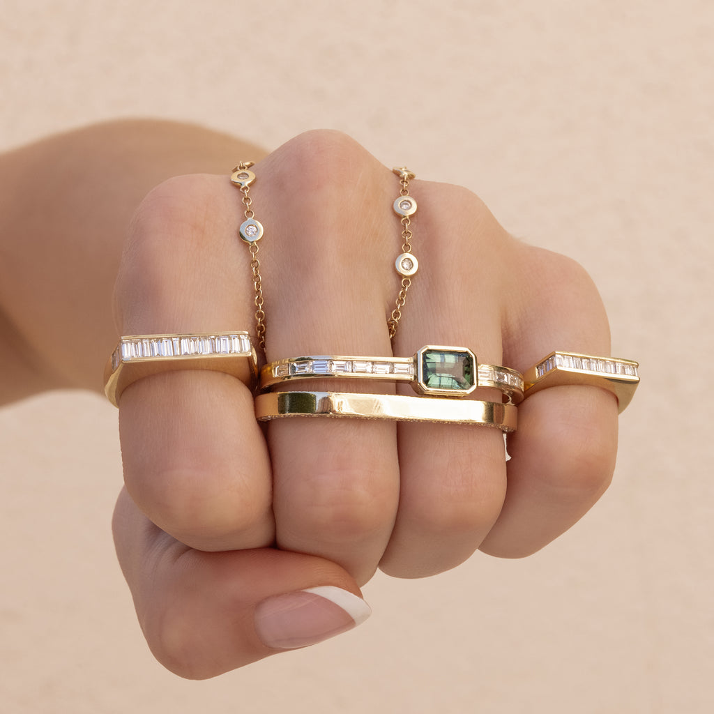 GREEN TOURMALINE BAGUETTE + BAGUETTE DIAMOND DOUBLE KNUCKLE RING