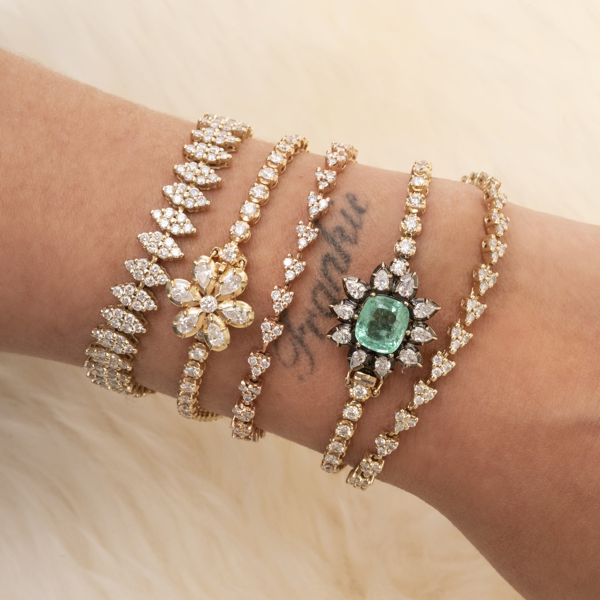 Black Rhodium Emerald Center Teardrop Diamond Flower Sophia Bracelet