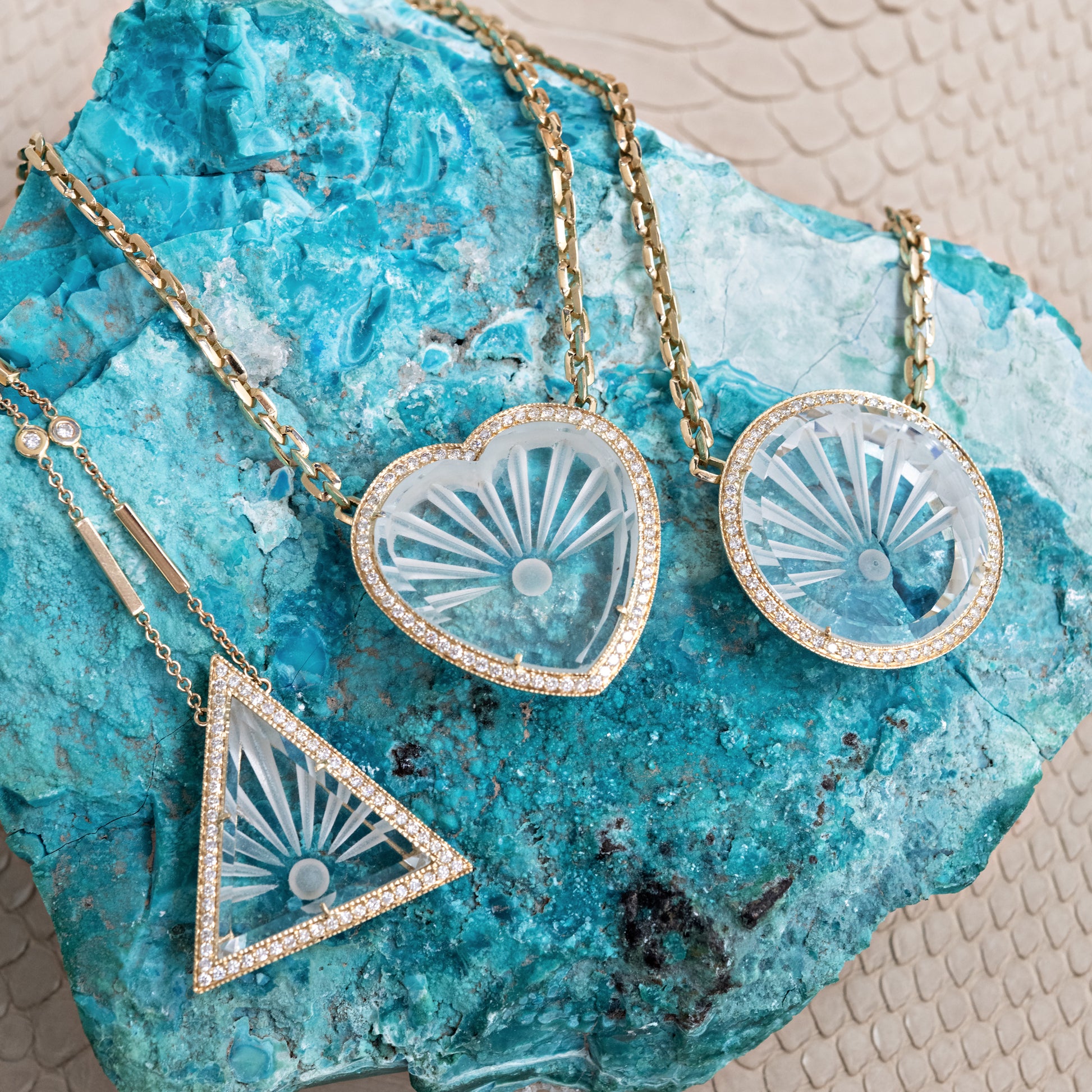 Large Pavé Carved Sunshine Clear Quartz Round Moe Chain Necklace