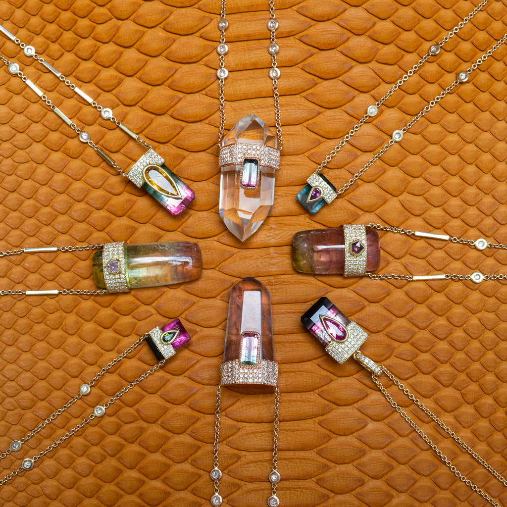 Pave Green Tourmaline Teardrop Cap + Watermelon Tourmaline Baguette Crystal Necklace