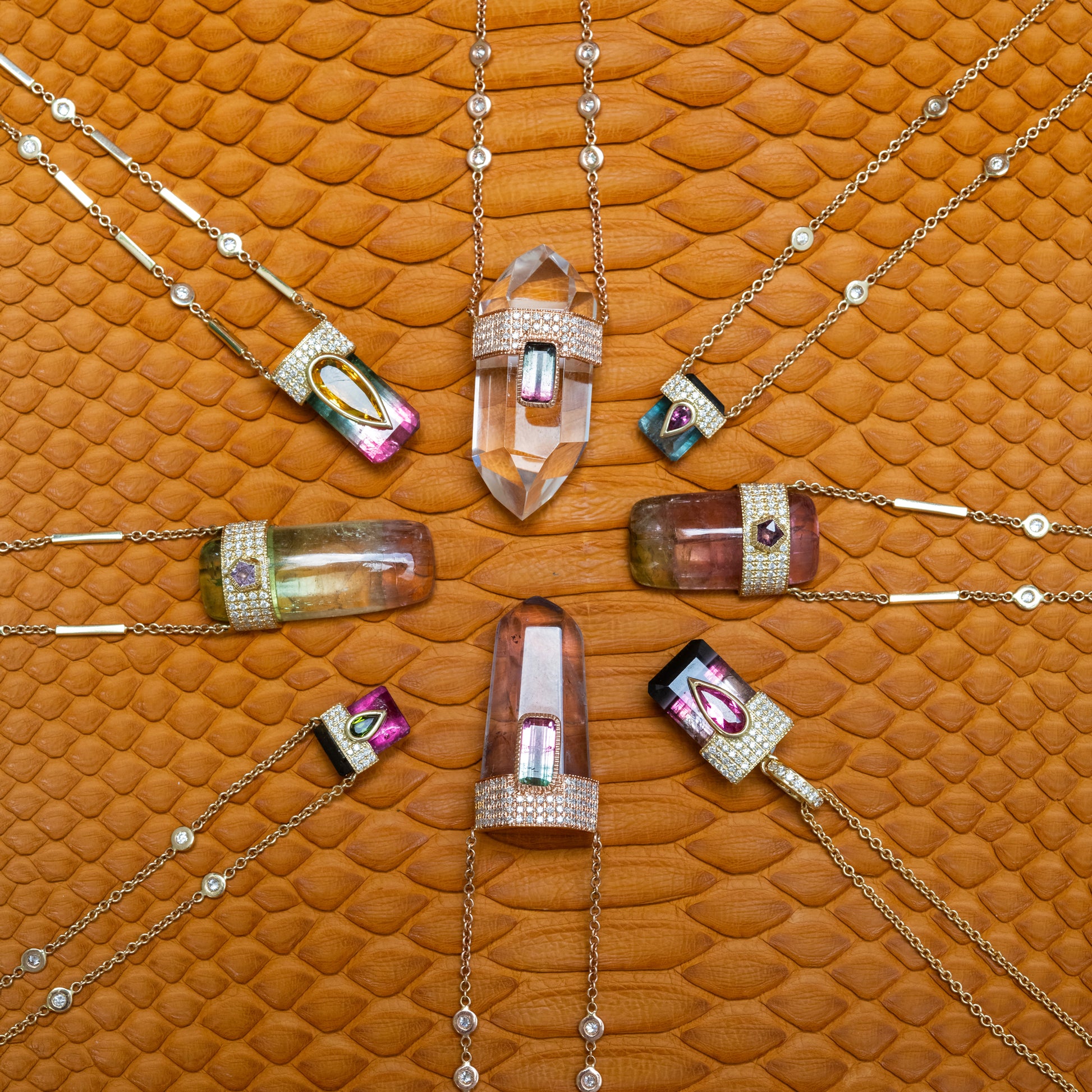 Pave Green Tourmaline Teardrop Cap + Watermelon Tourmaline Baguette Crystal Necklace