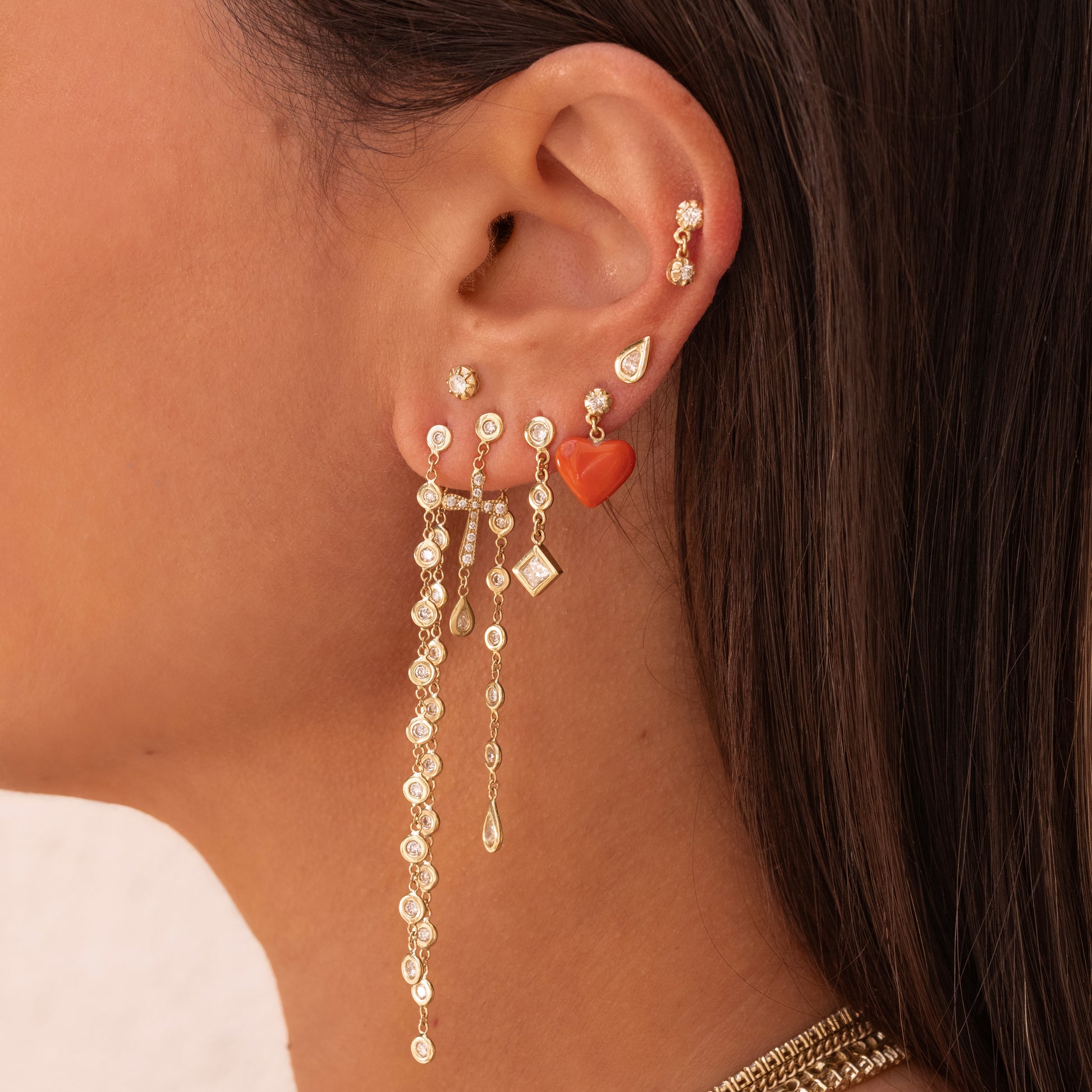 Sophia Diamond + Small Coral Heart Drop Stud Earring