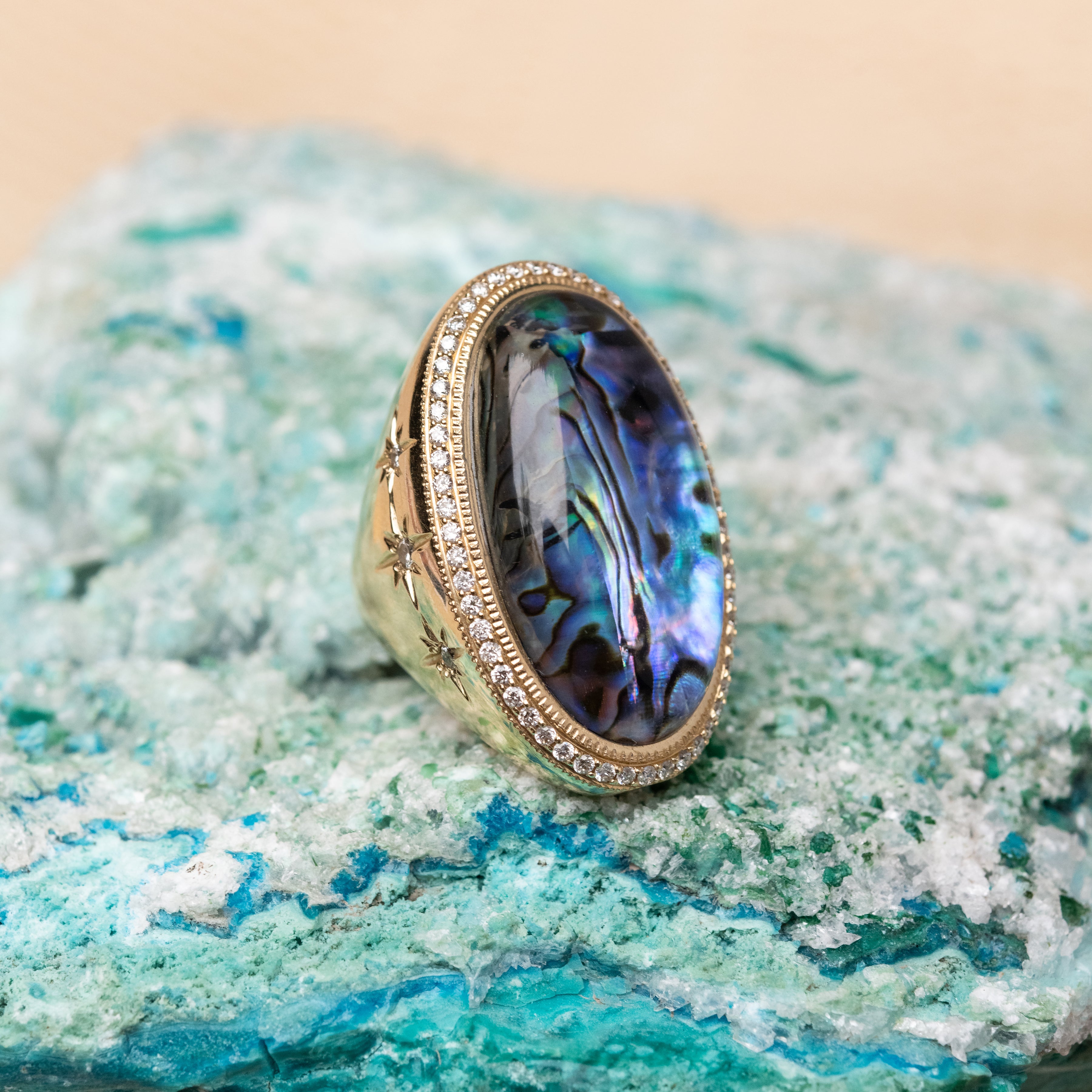 LARGE PAVE OVAL ABALONE STARBURST RING