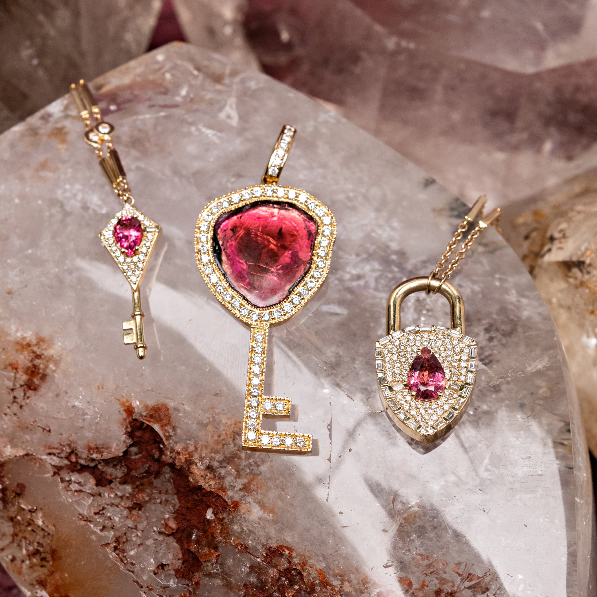 Pavé + Baguette Diamond Gemstone Lock Smooth Bar Necklace