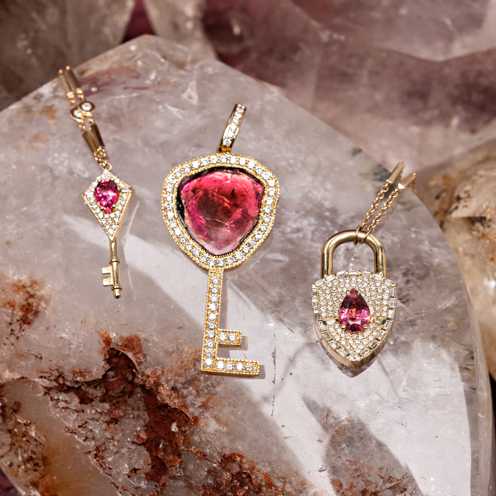 Pavé + Baguette Diamond Pink Tourmaline Lock Smooth Bar Necklace