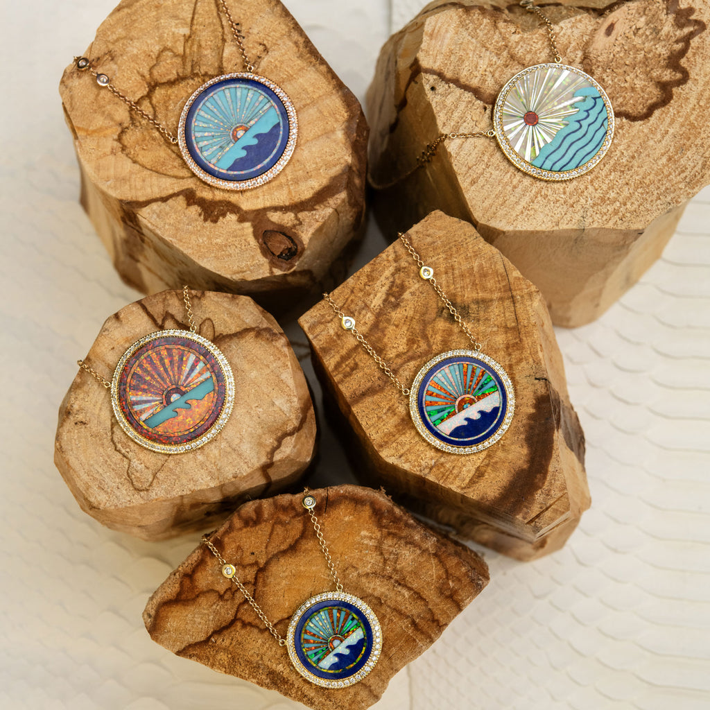 Pavé Round Opal Rays + Turquoise Waves Inlay Necklace