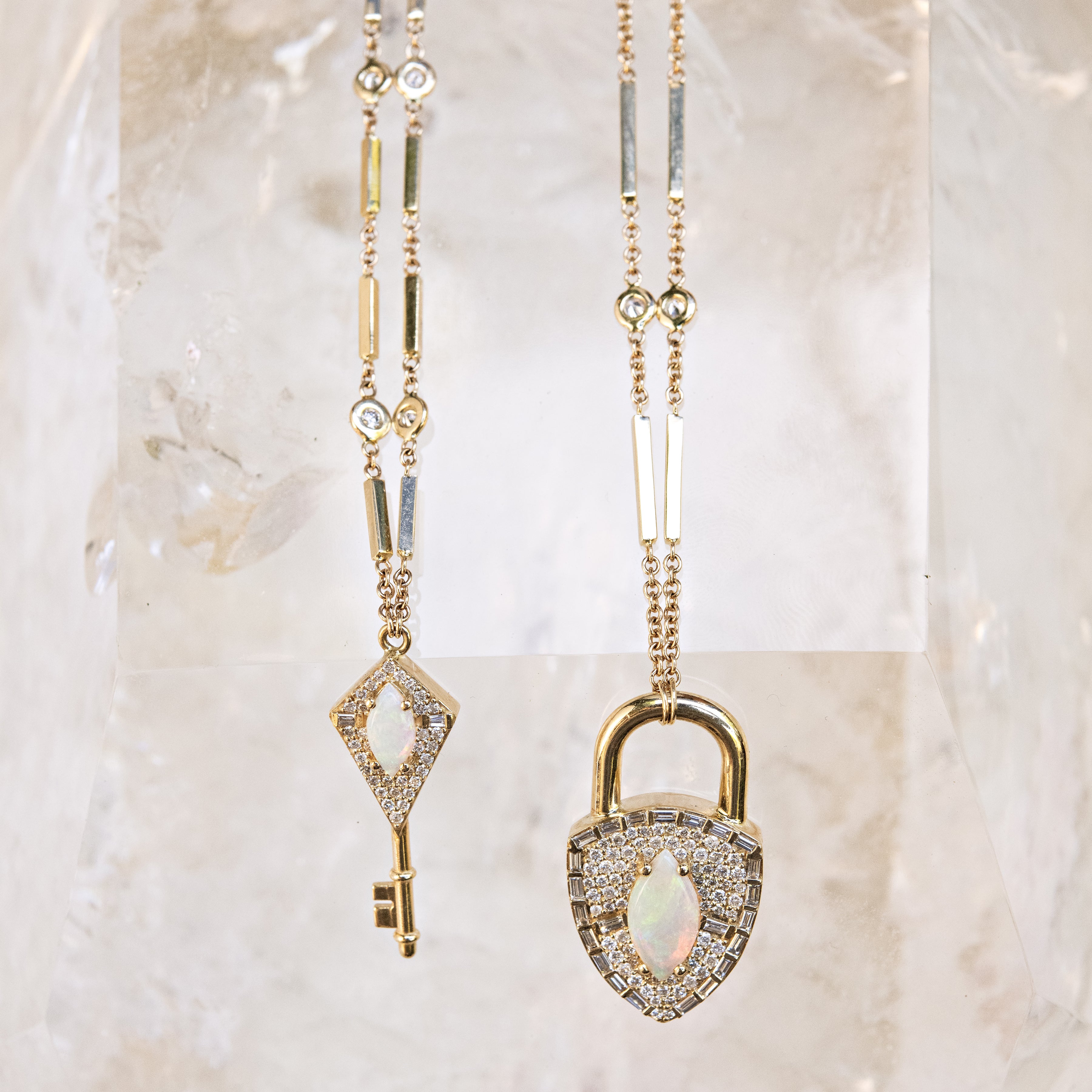 Pavé + Baguette Diamond Opal Lock Smooth Bar Necklace