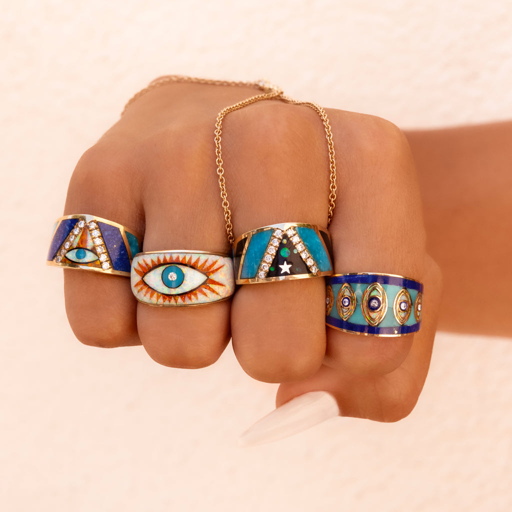 Eye Gemstone Chevron Inlay Ring