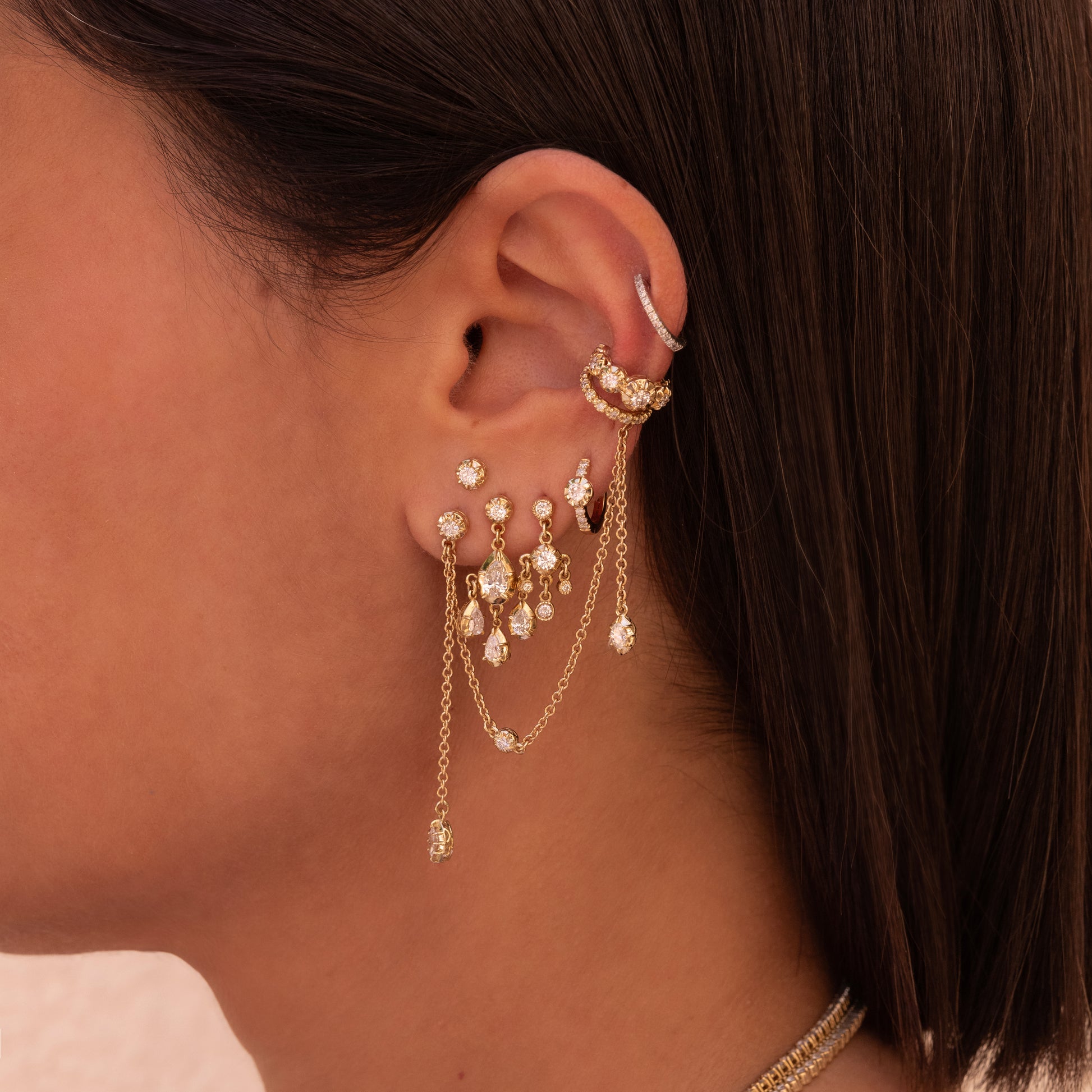 ROUND + MARQUISE SOPHIA DIAMOND CHAIN STUD AND DIAMOND EAR CUFF