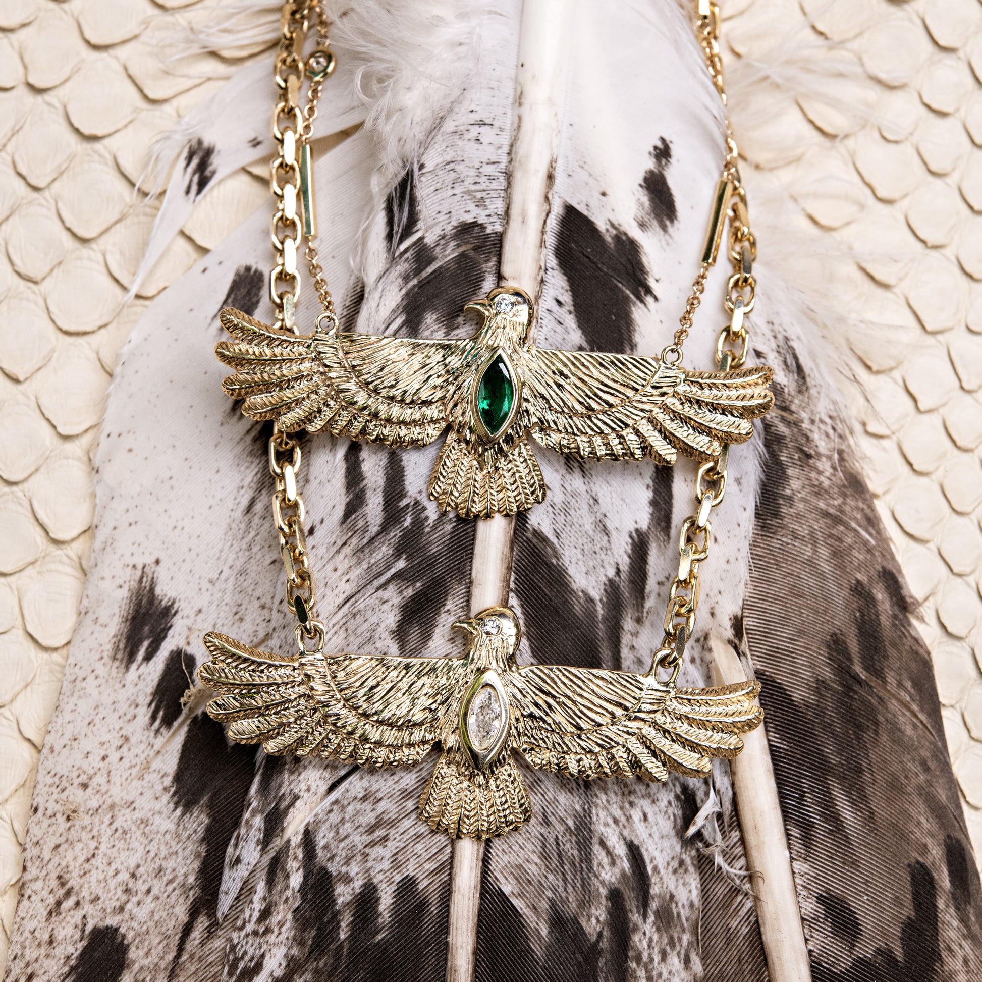 Large Marquise Emerald Thunderbird Smooth Bar Necklace