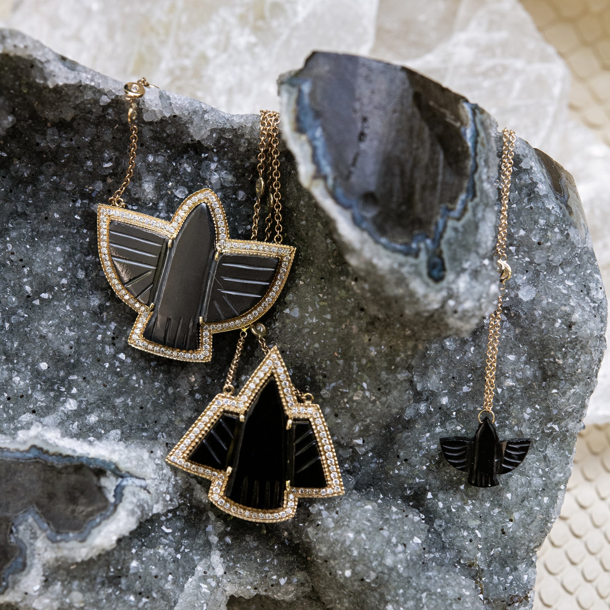 Pave Hematite Thunderbird 6 Diamond Necklace