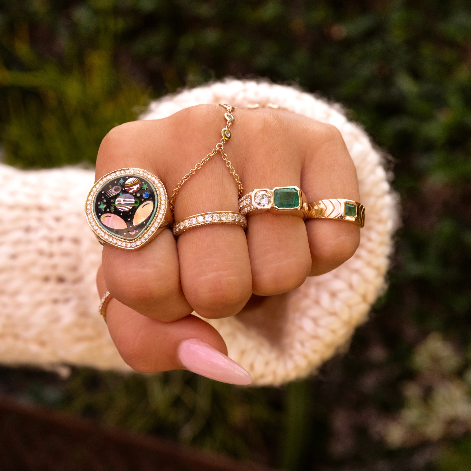 PAVE ONYX + PEARL ALIEN GALAXY INLAY RING