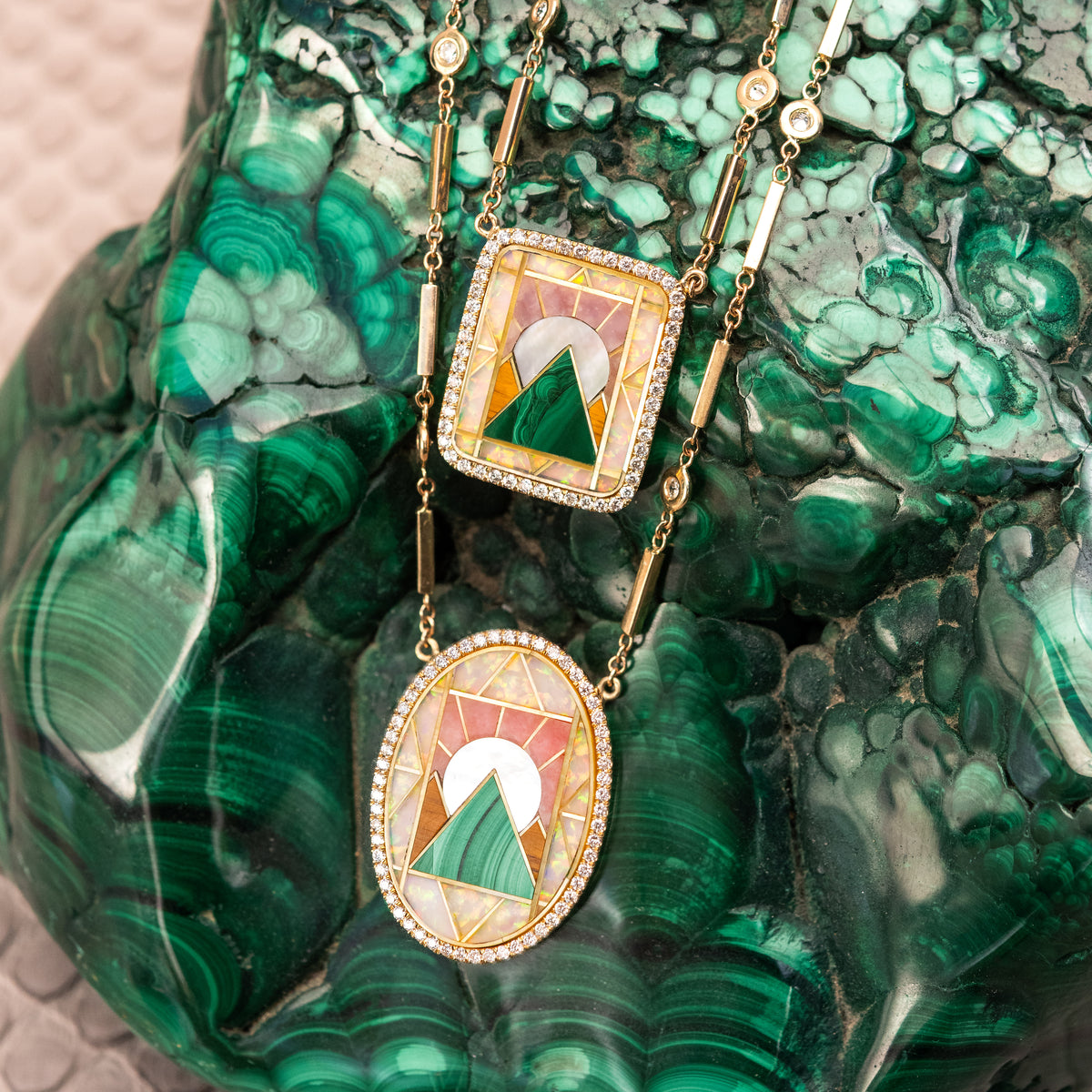 Pave Oval Pyramid Scenic Gemstone Inlay Necklace