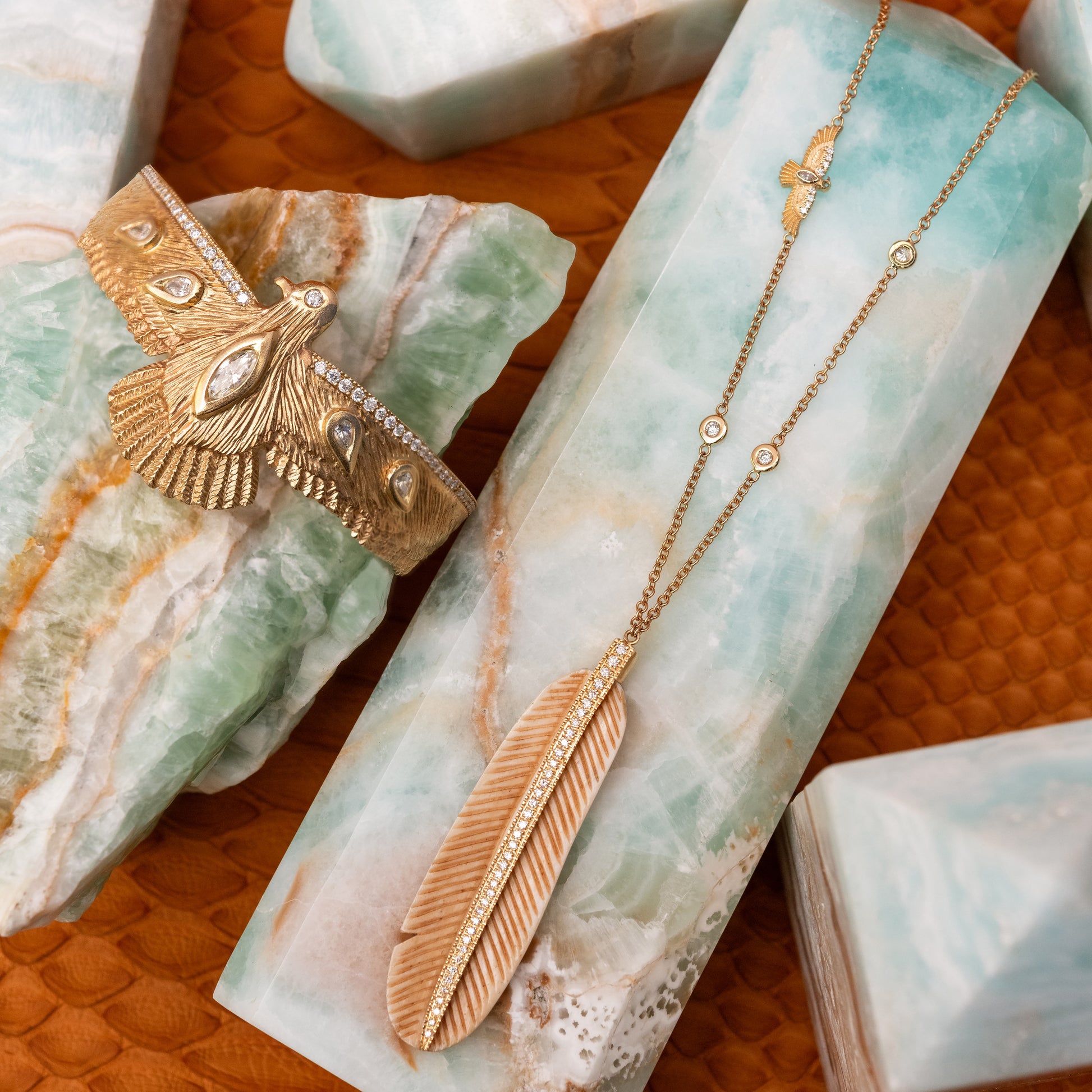 Pave Natural Bone Feather + Baby Thunderbird Necklace