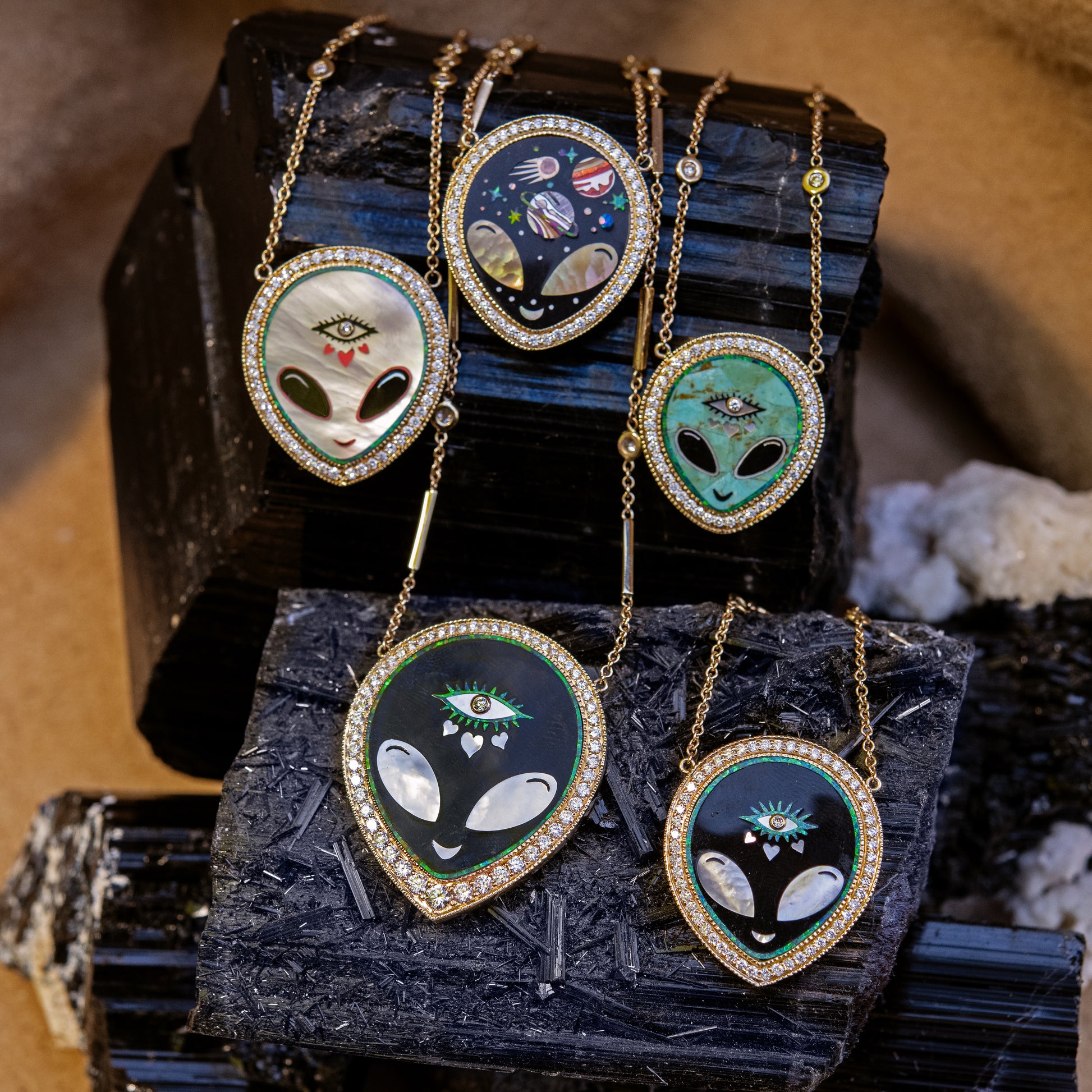 SMALL PAVE TURQUOISE + ONYX ALIEN HEART EYE INLAY NECKLACE