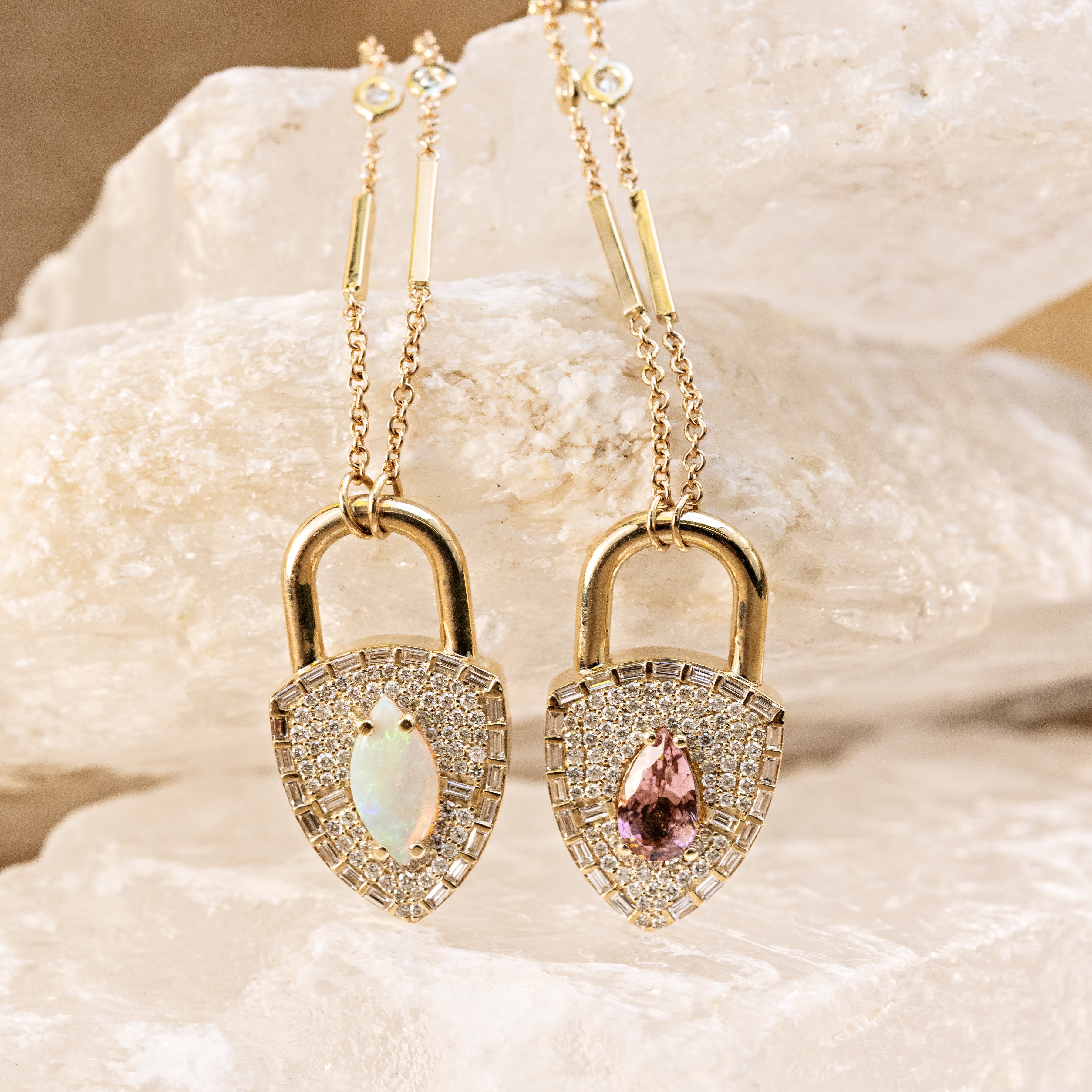 Pavé + Baguette Diamond Pink Tourmaline Lock Smooth Bar Necklace