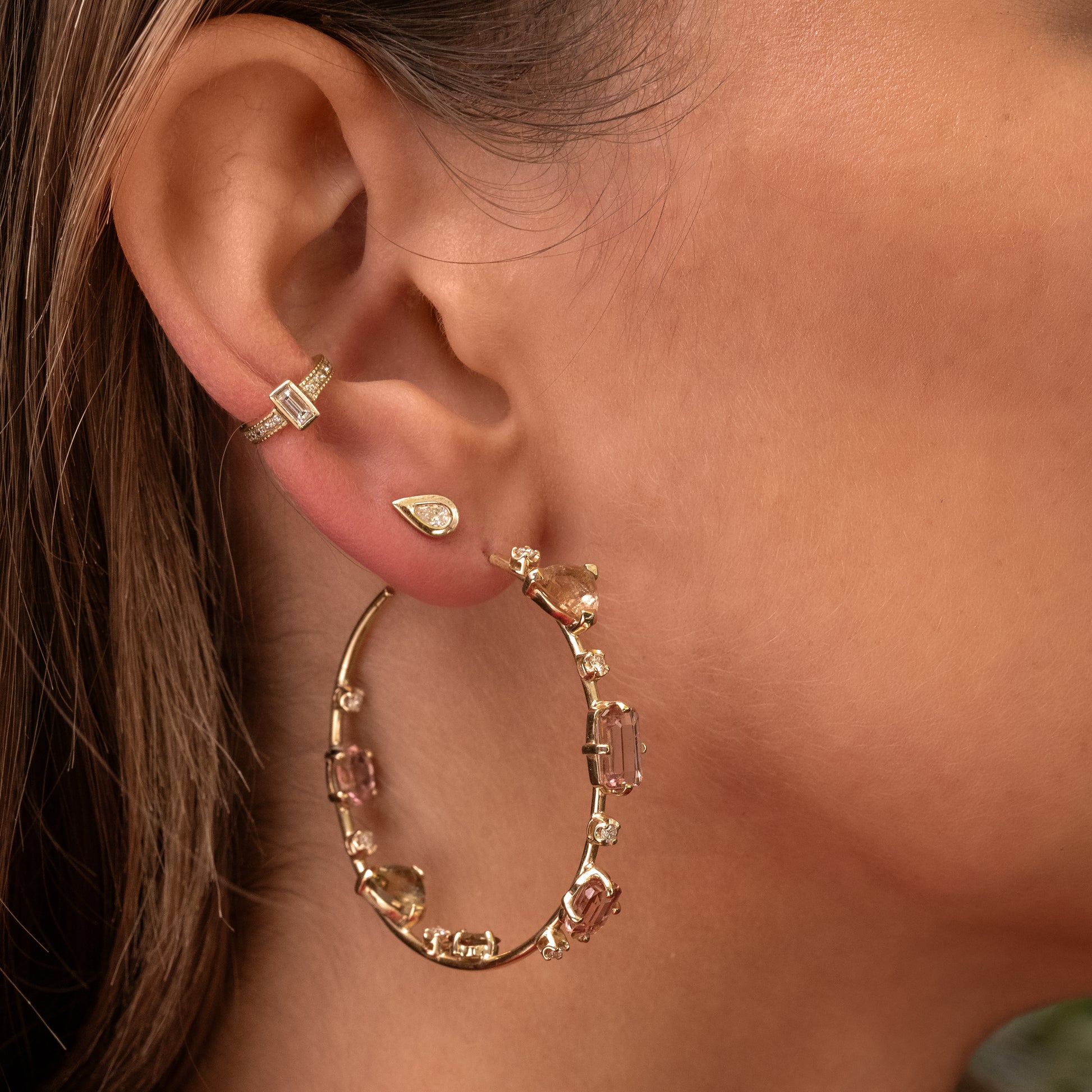Pink Tourmaline + Graduated Diamond Sophia Hoops
