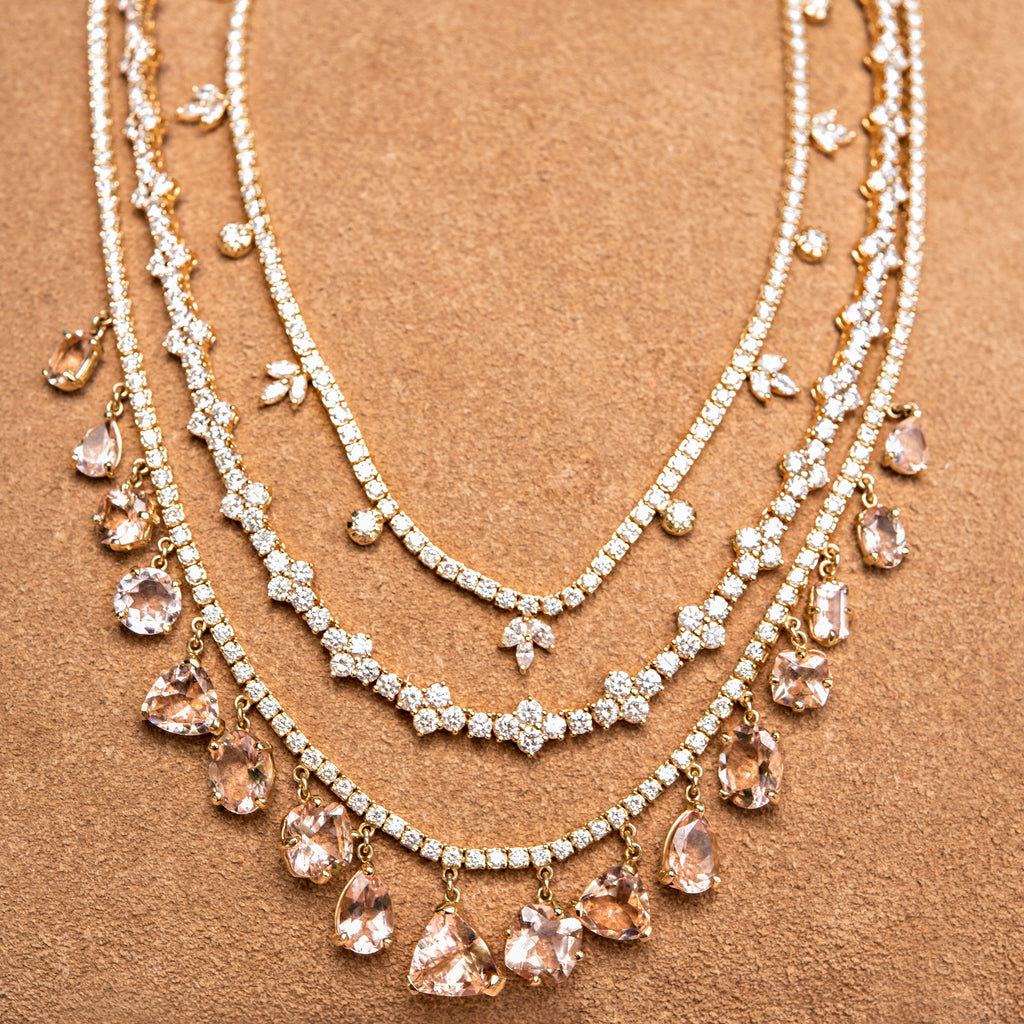 Multi Shape Morganite + Twiggy Diamond Shaker Tennis Necklace