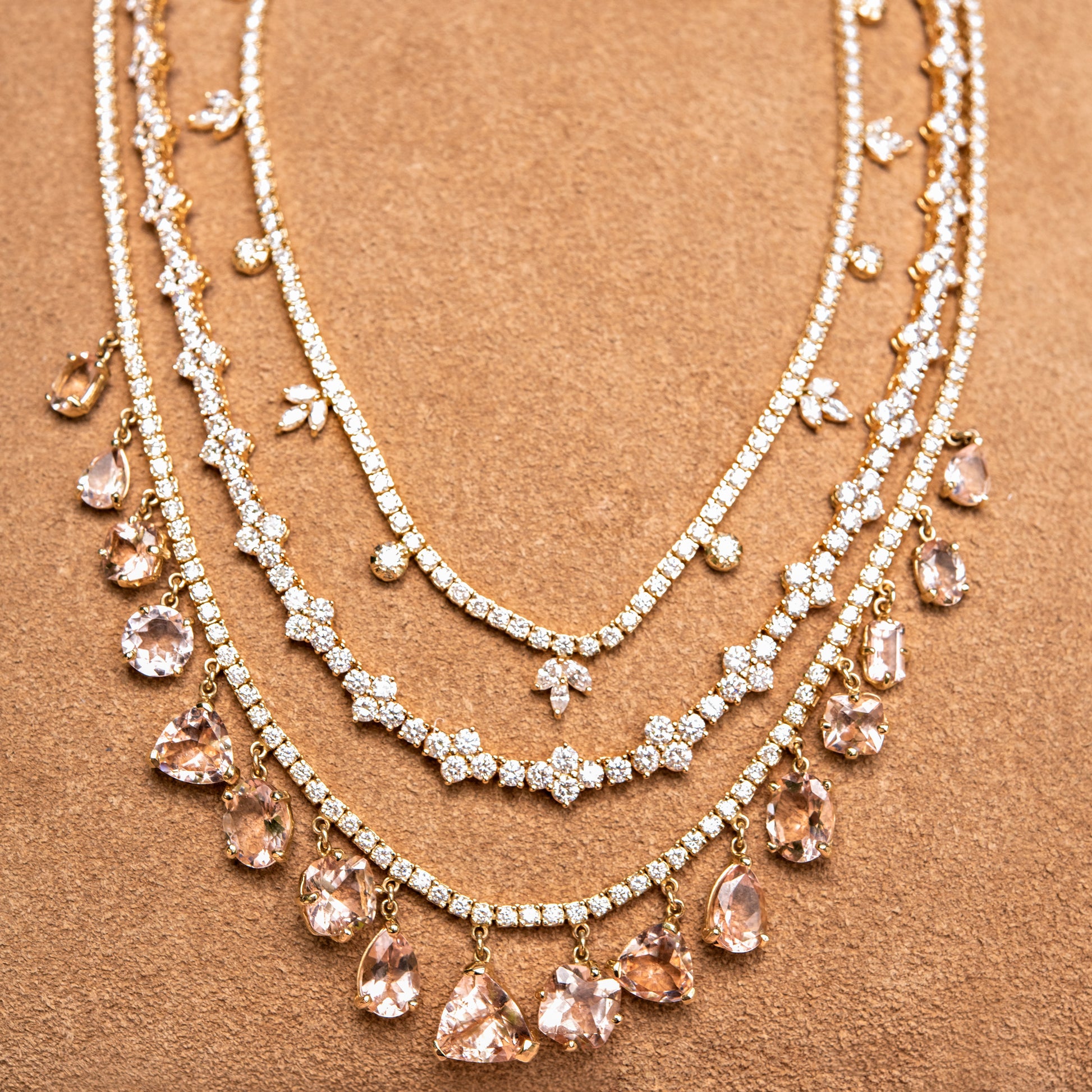 Multi Shape Morganite + Twiggy Diamond Shaker Tennis Necklace