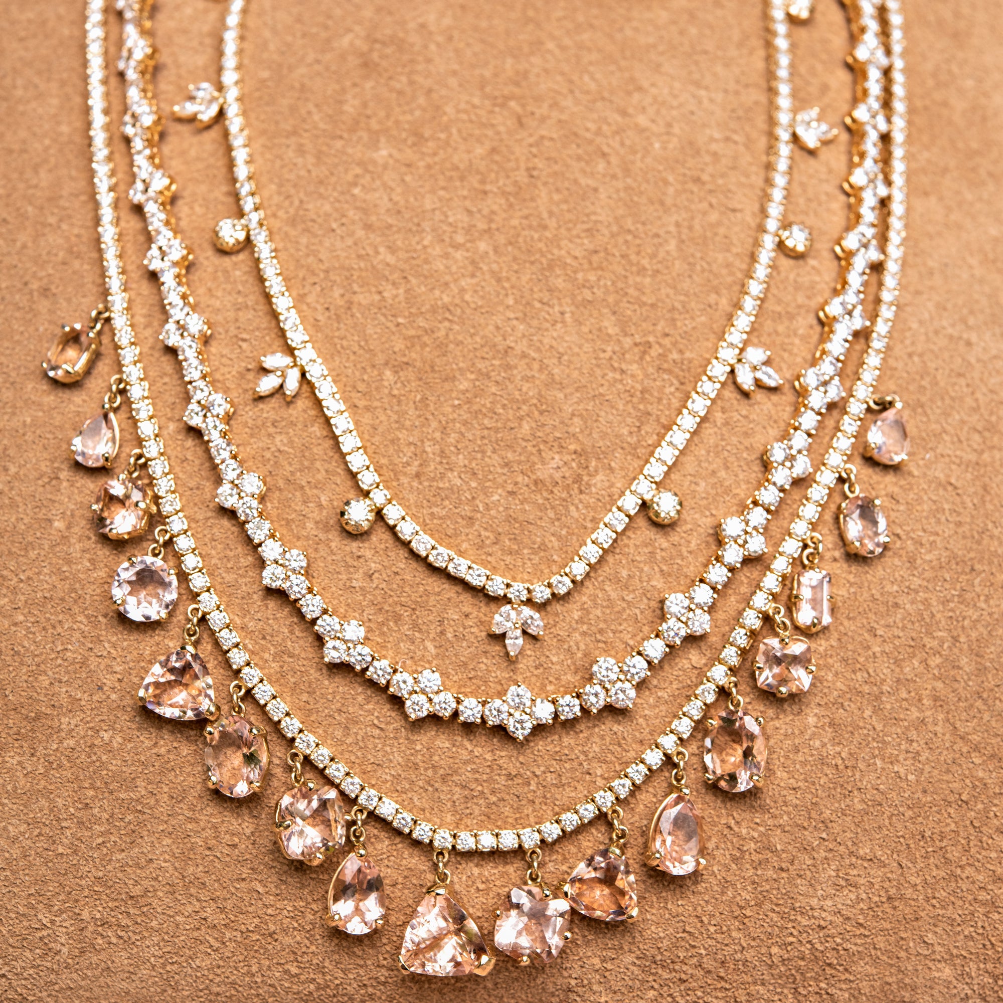 Multi Shape Morganite + Twiggy Diamond Shaker Tennis Necklace