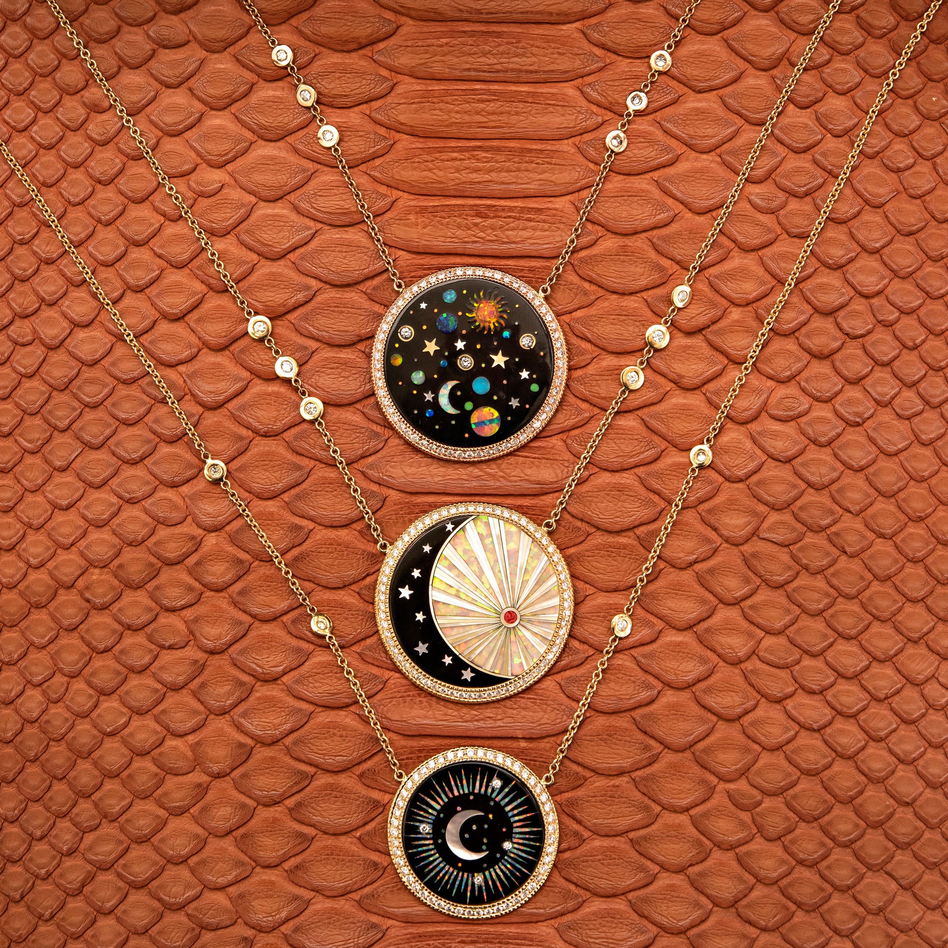 Pavé Round Onyx Star Crescent + Opal Rays Inlay Necklace