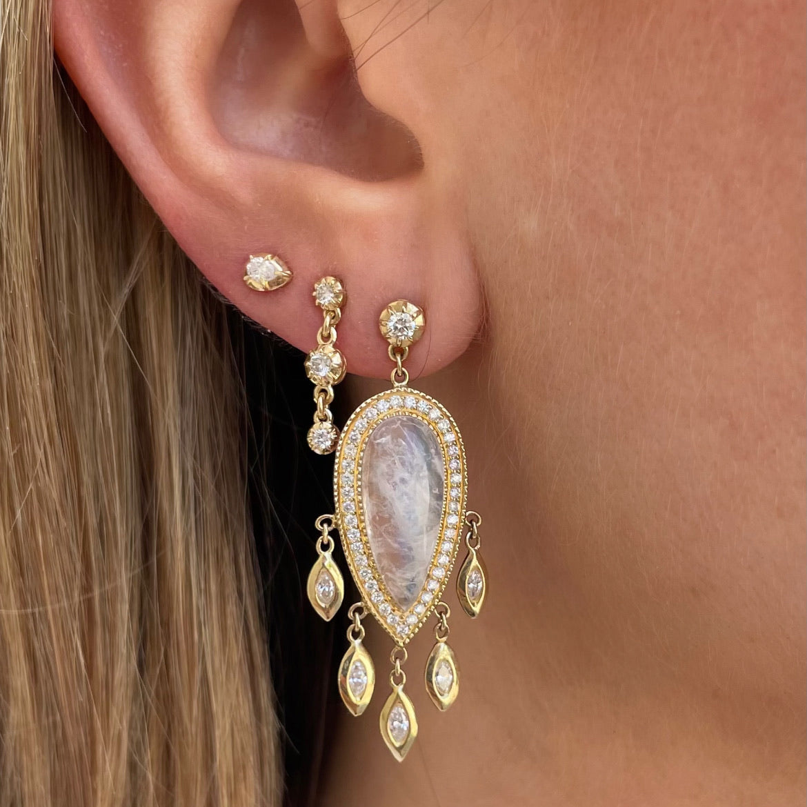 Pave Moonstone Teardrop + Marquise Diamond Shakers Drop Earrings