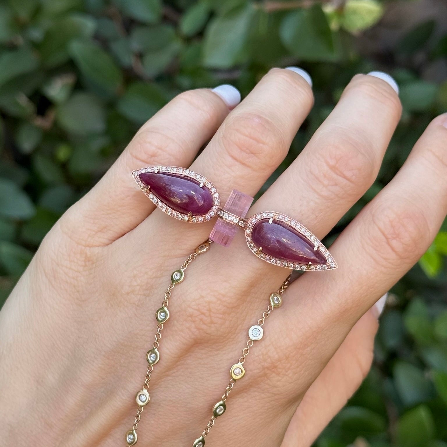 Double Pink Tourmaline Teardrop Pink Tourmaline Knuckle Ring