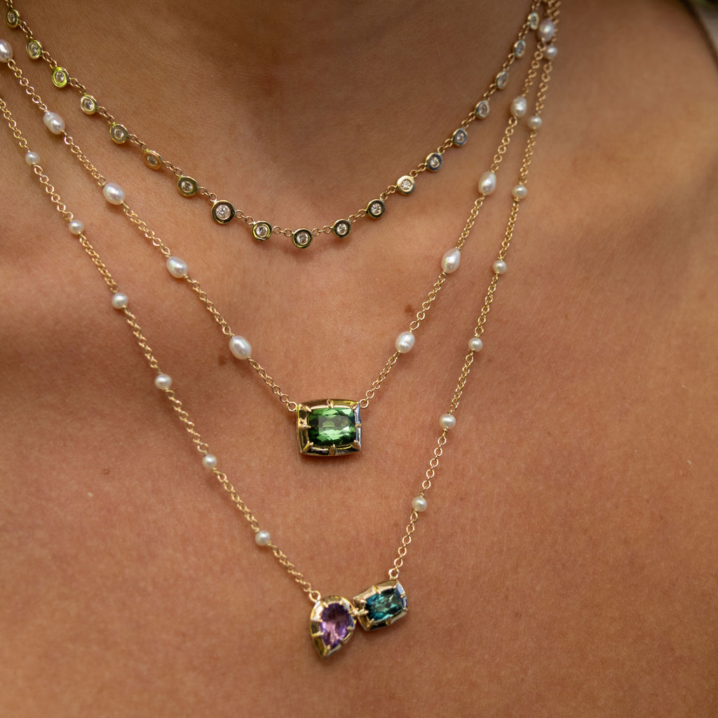 Teardrop Purple + Rectangle Green Blue Tourmaline Sophia Bezel Pearl Chain Necklace