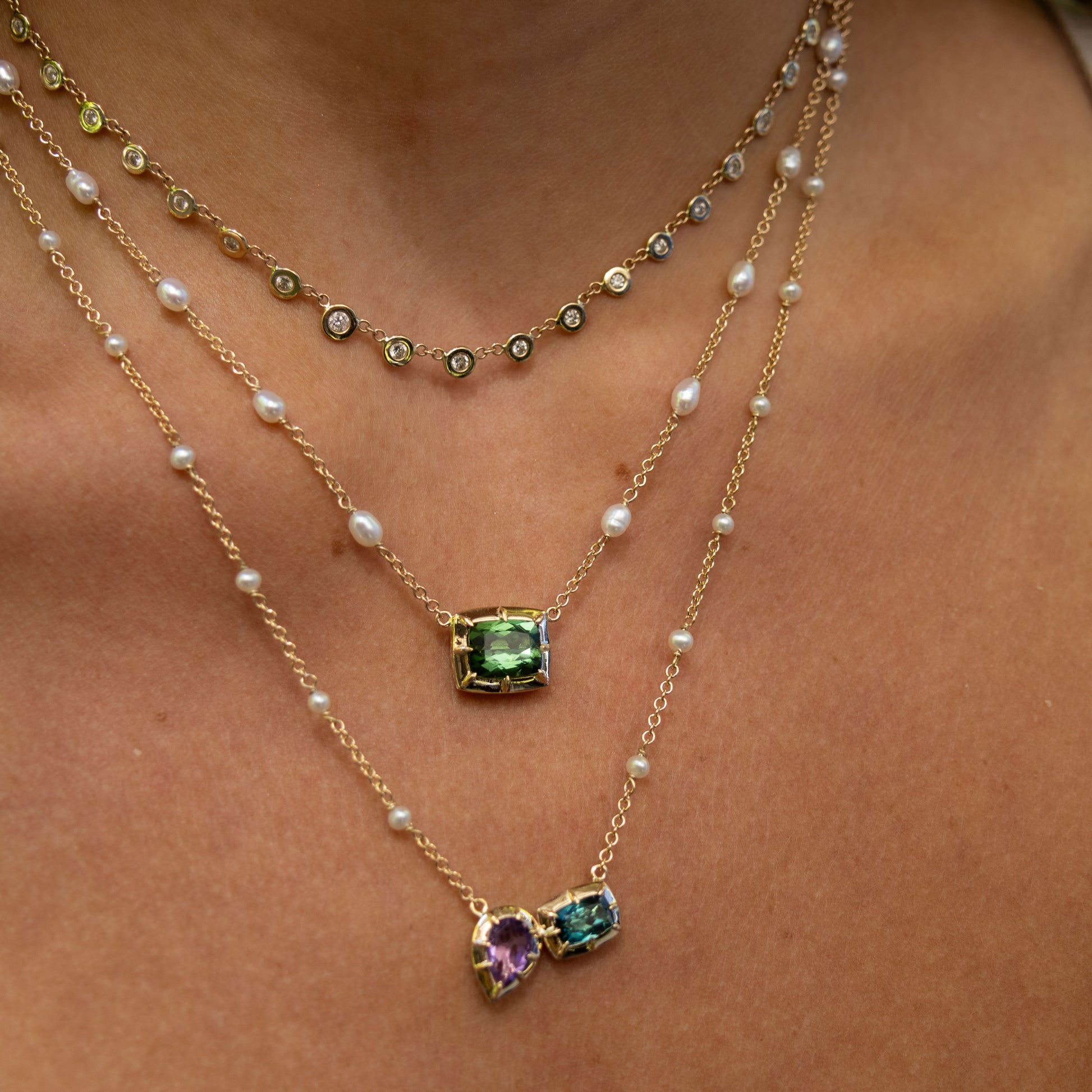 Teardrop Purple + Rectangle Green Blue Tourmaline Sophia Bezel Pearl Chain Necklace