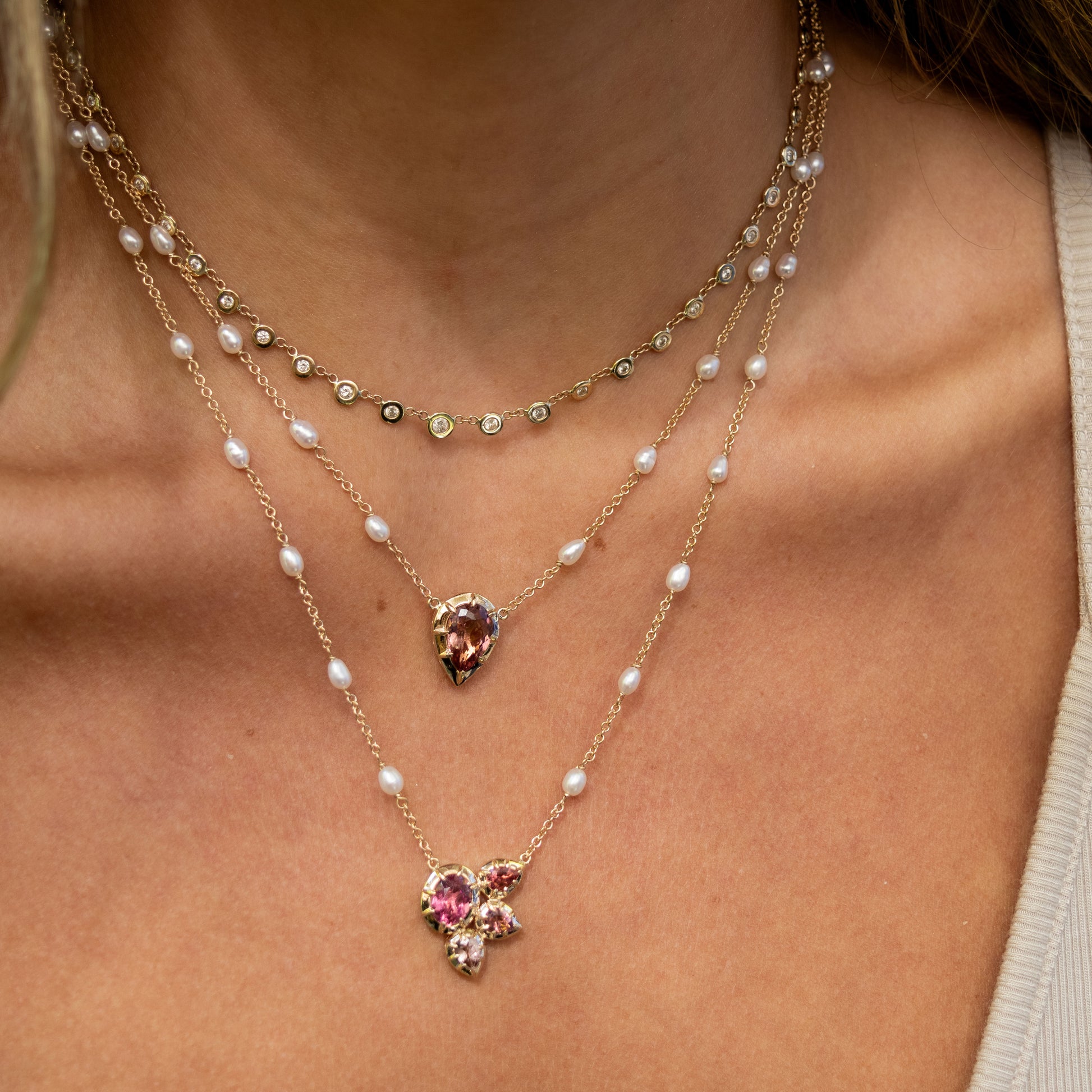 Oval + Teardrop Pink Sophia Bezel Pearl Chain Necklace