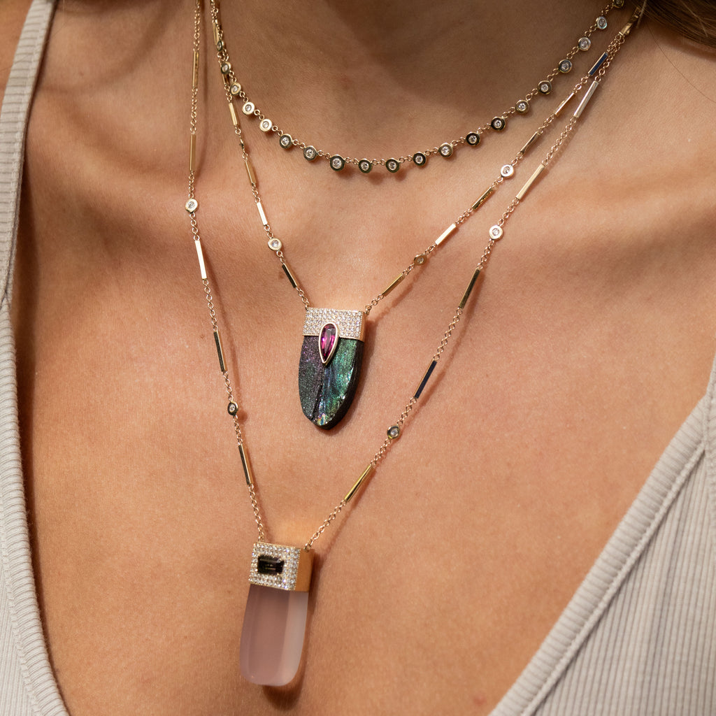 Pave Pink Tourmaline Cap + Titanium Quartz Crystal Necklace