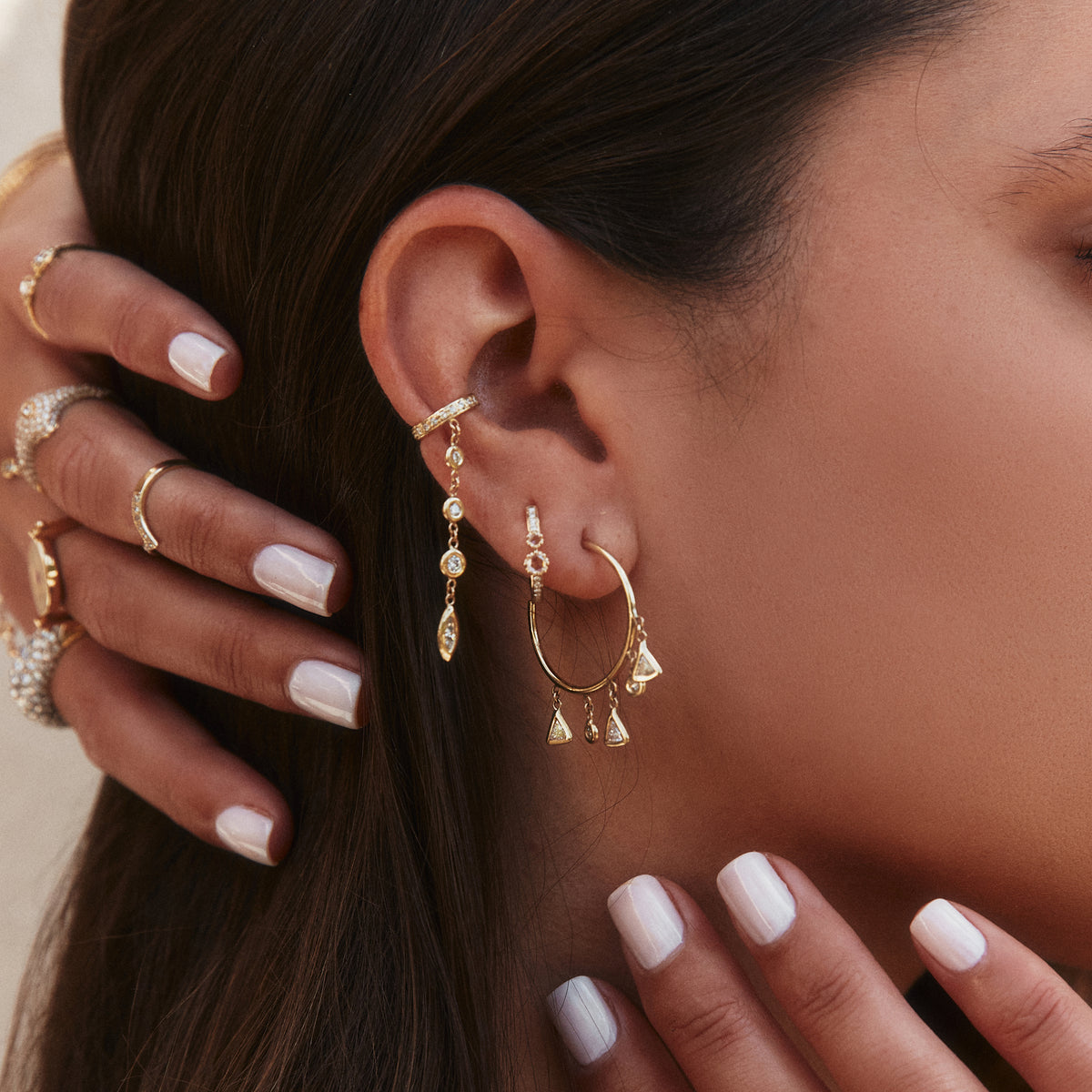 Pave Round + Marquise Diamond Drop Ear Cuff