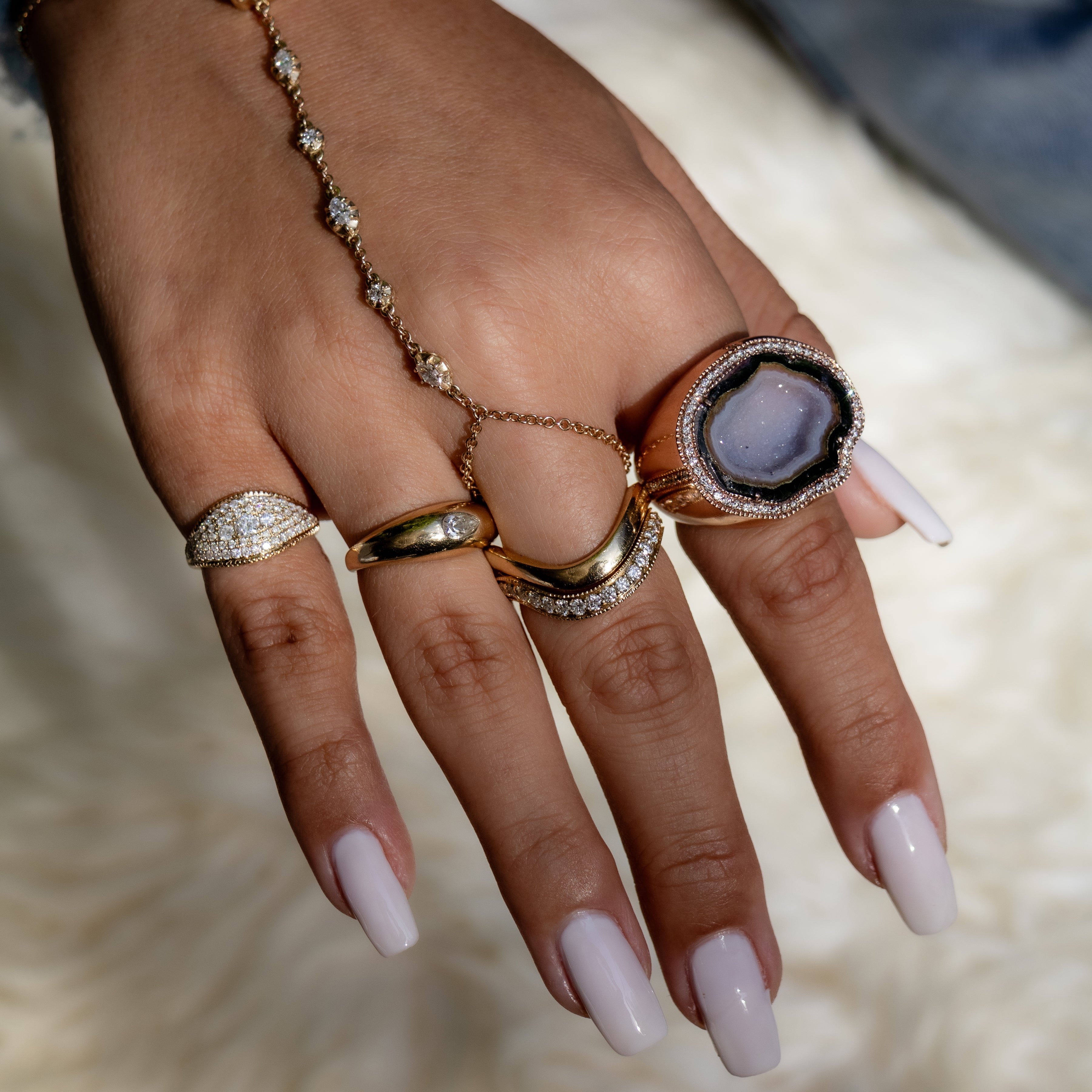 PAVE DIAMOND GREEN & PURPLE GEODE DRUZY SIGNET RING