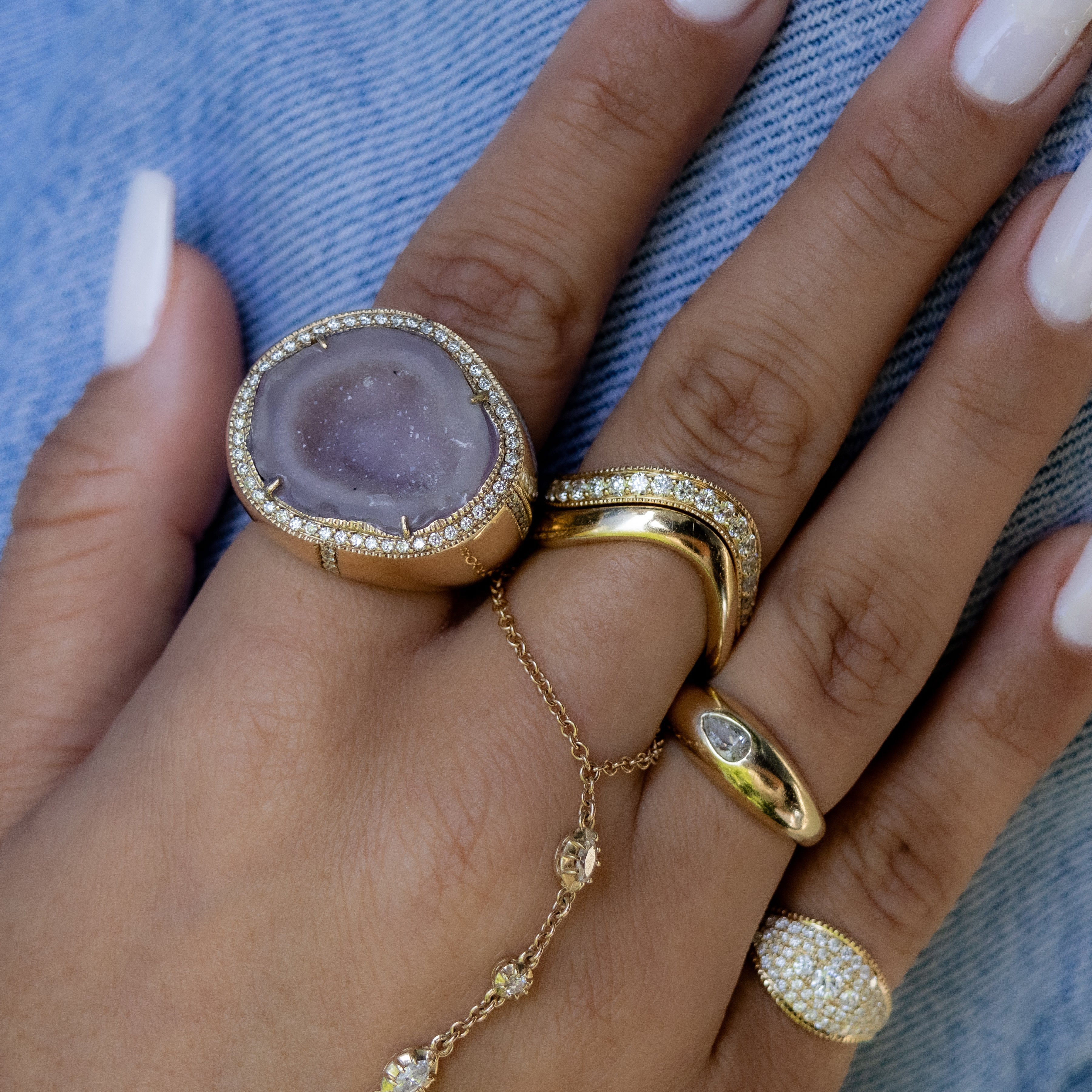 PAVE DIAMOND LIGHT PINK PURPLE GEODE DRUZY SIGNET RING