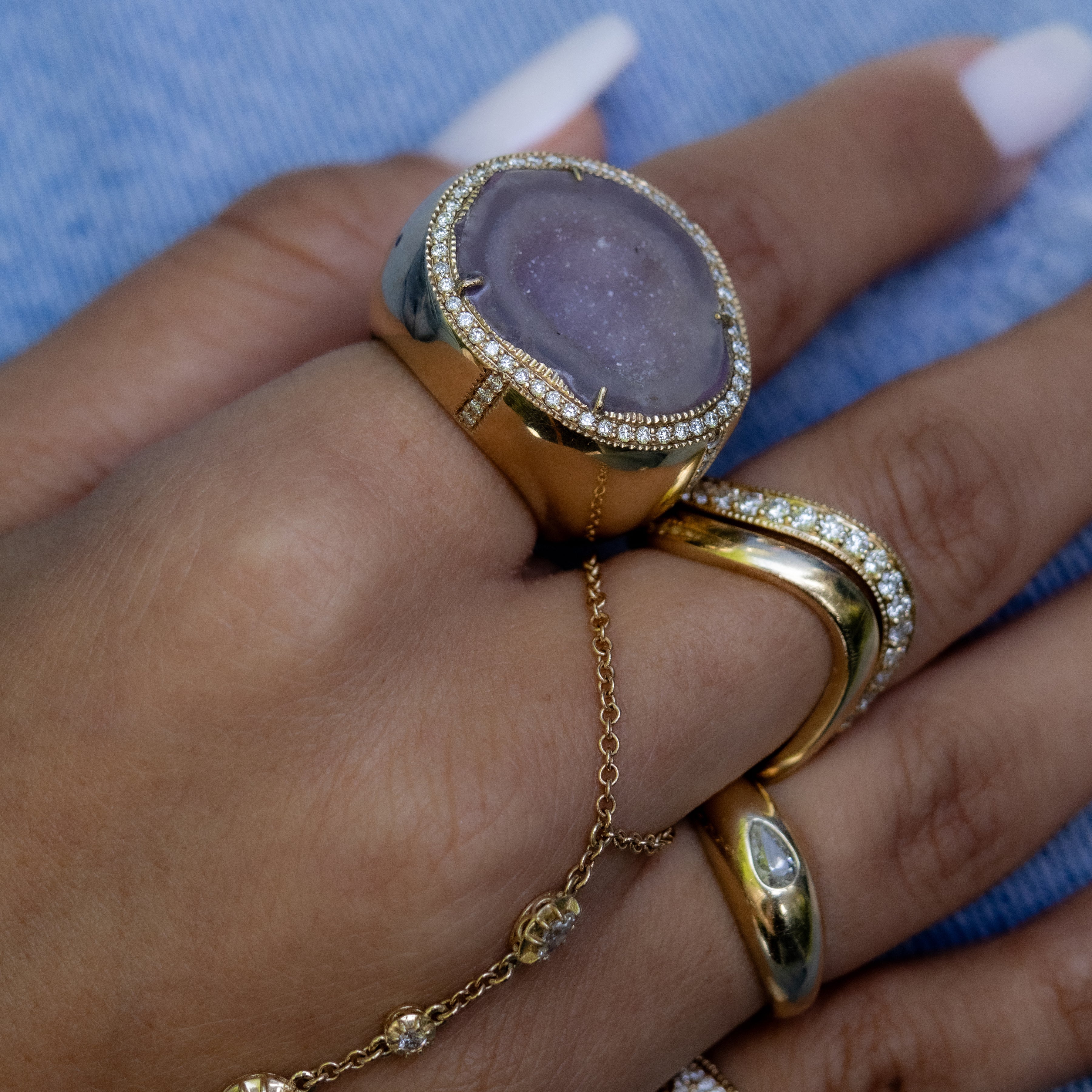 PAVE DIAMOND LIGHT PINK PURPLE GEODE DRUZY SIGNET RING