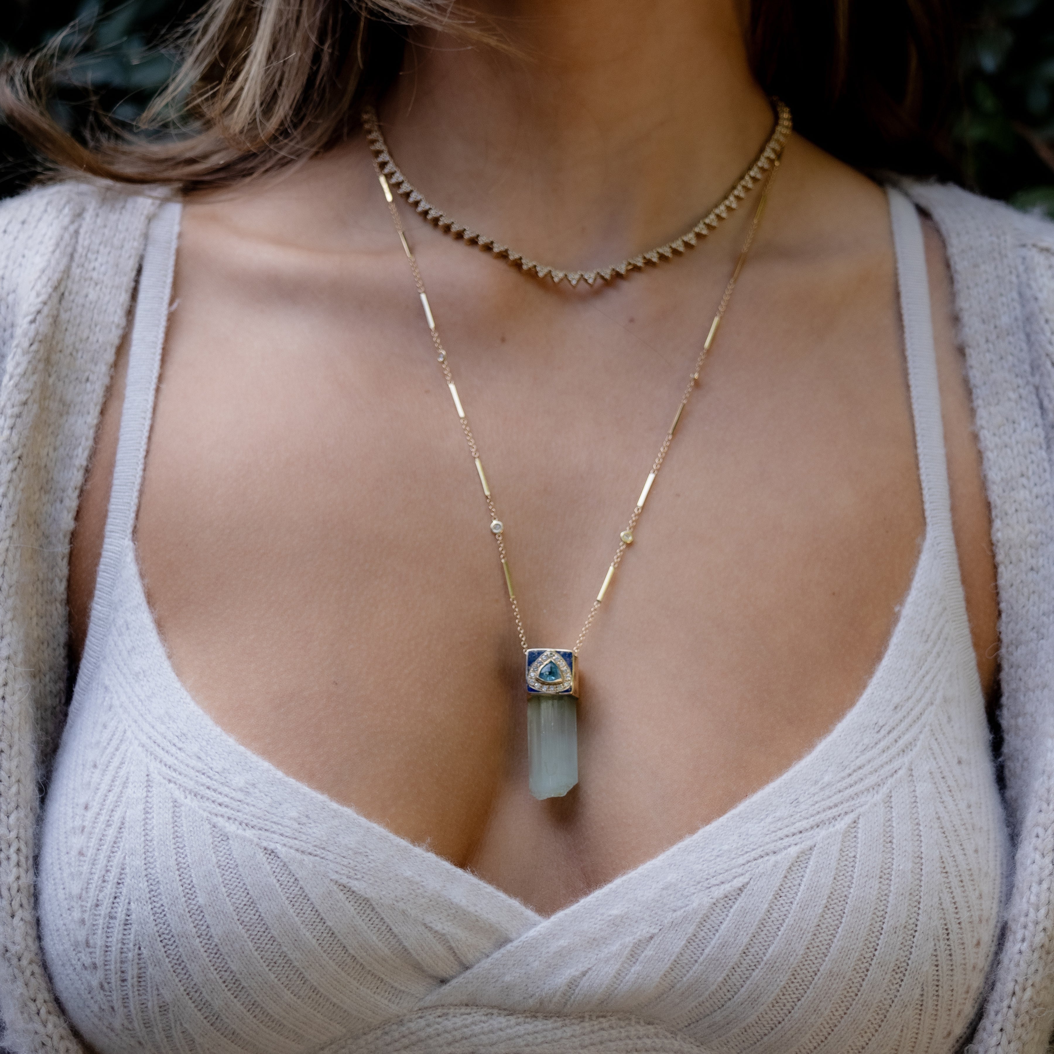 PAVE TRILLION TOURMALINE LAPIS INLAY CAP + AQUAMARINE CRYSTAL NECKLACE