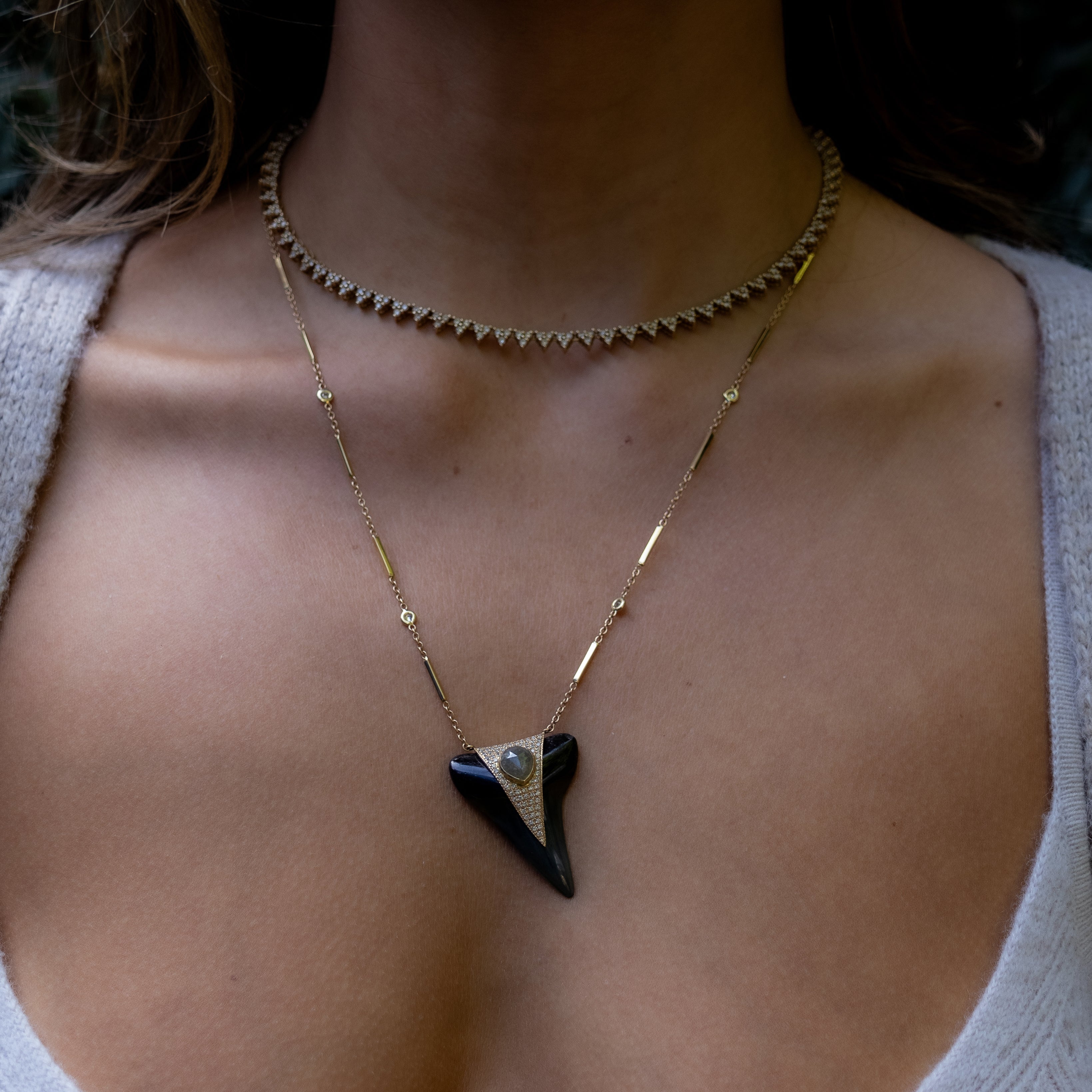 PAVE LARGE RAW DIAMOND V CAP BLACK SHARK TOOTH NECKLACE