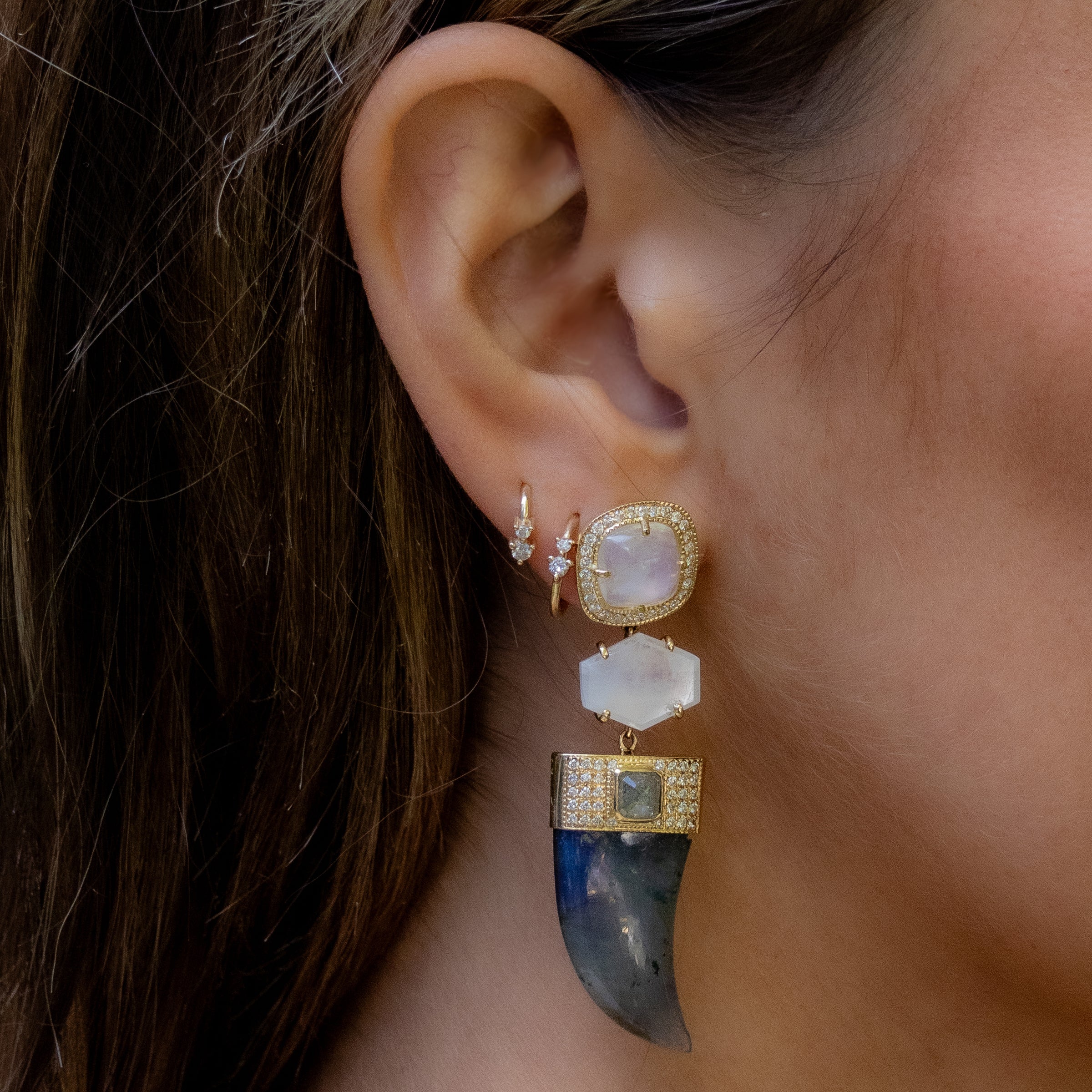 PAVE MOONSTONE + LABRADORITE TUSK DIAMOND EARRINGS